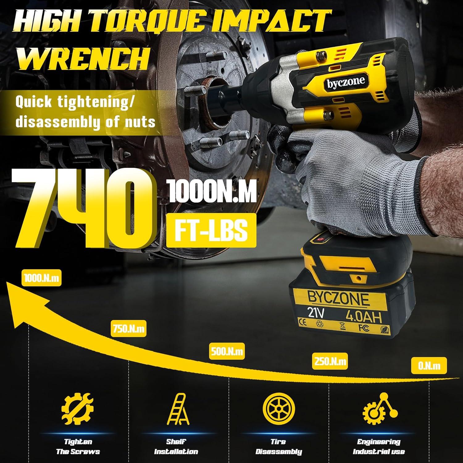 Llave de Impacto Inalámbrica 21V byczone 1000N.m con 2 Baterías