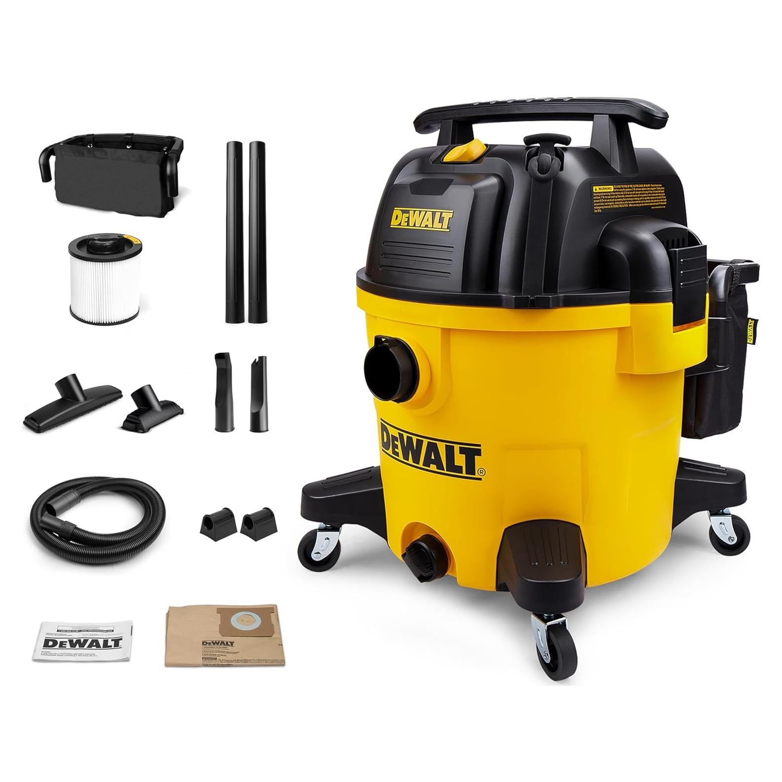 DEWALT 10 Gallon Shop Vacuum Wet and Dry, 5.5 Peak HP Poly Wet Dry Vacuum Cleaner with Attachments, 2-Stage Motor, Portable Handle/Caster with Drain Blower, DXV10PZ for Car, Garage, Workshop, Pet Hair