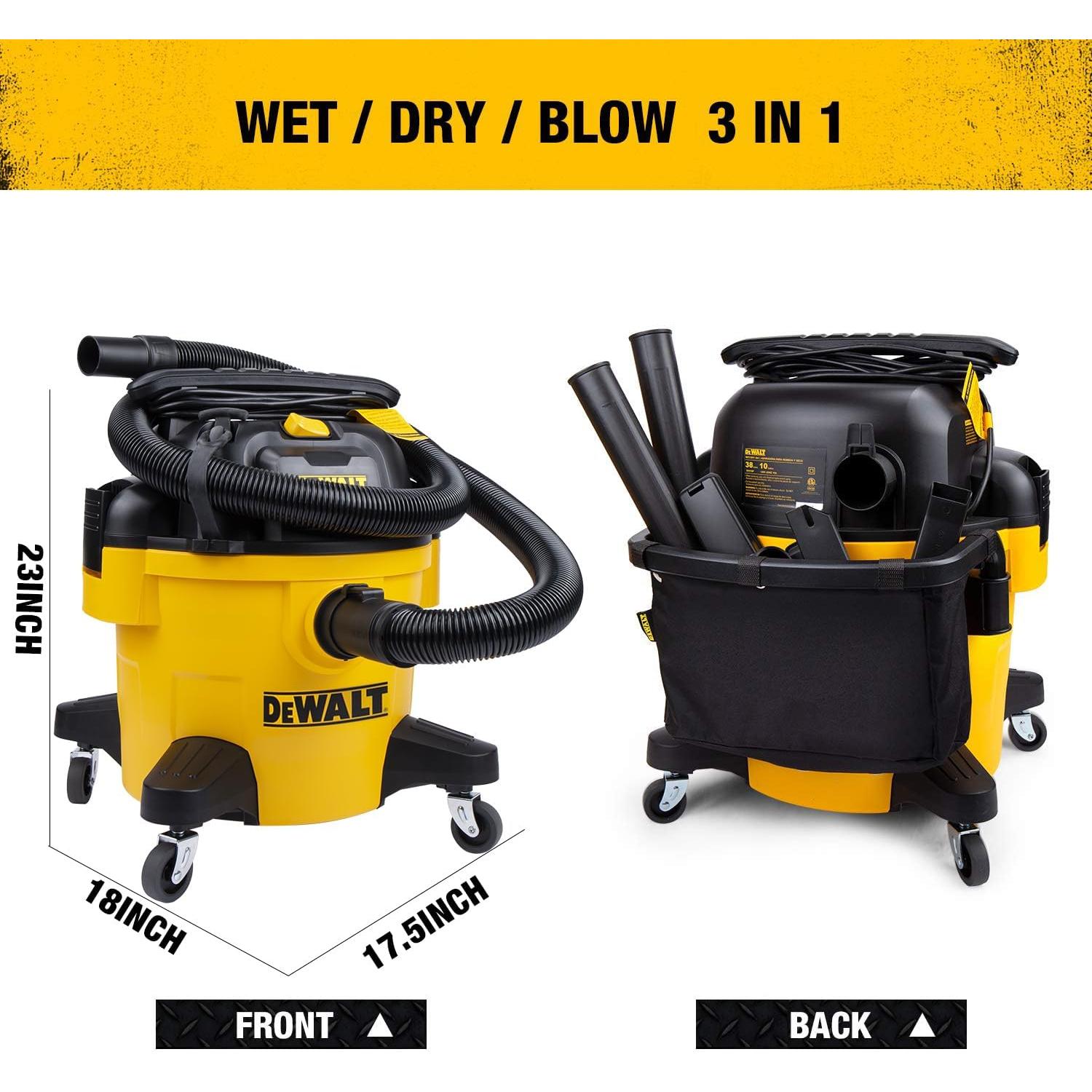 DEWALT 10 Gallon Shop Vacuum Wet and Dry, 5.5 Peak HP Poly Wet Dry Vacuum Cleaner with Attachments, 2-Stage Motor, Portable Handle/Caster with Drain Blower, DXV10PZ for Car, Garage, Workshop, Pet Hair