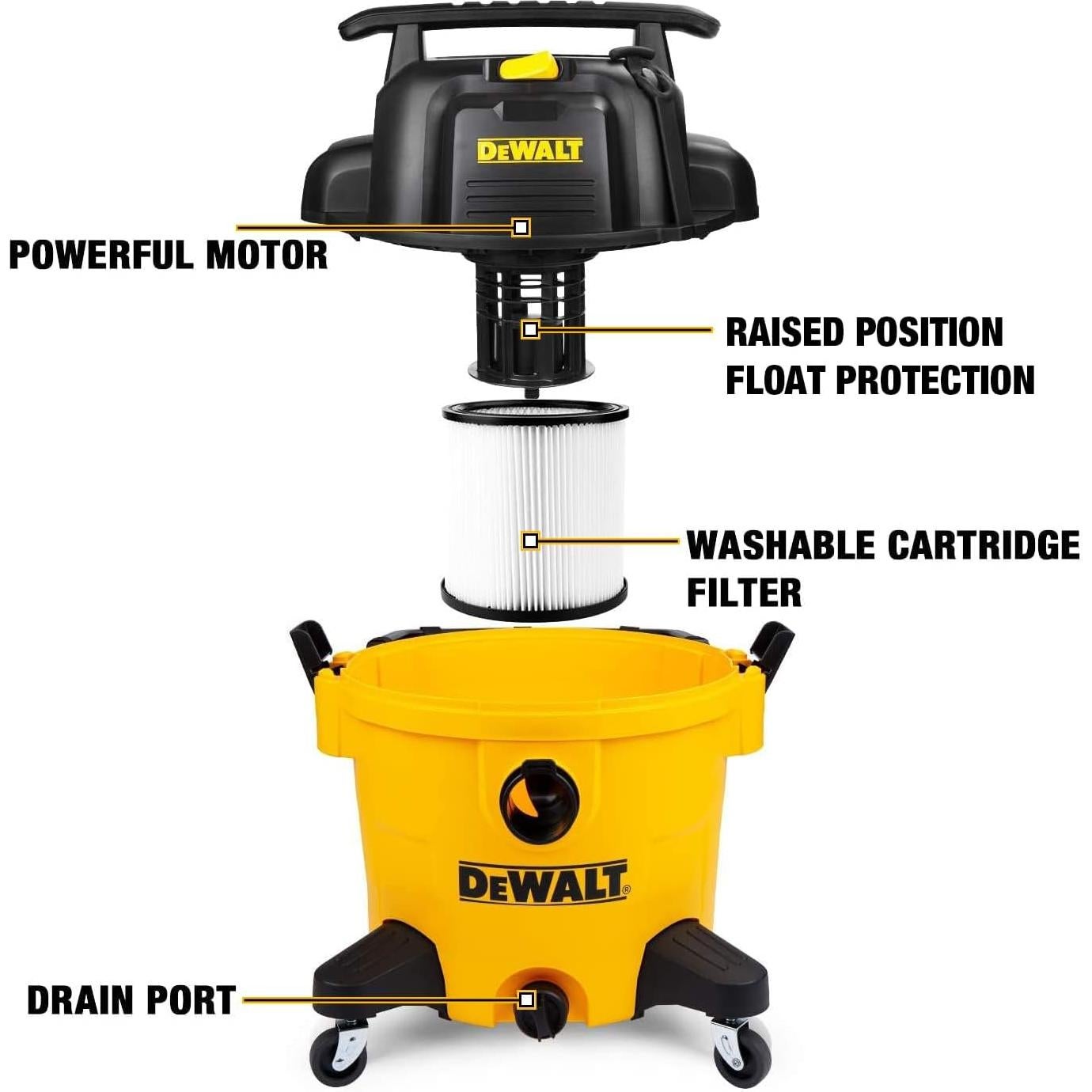 DEWALT 10 Gallon Shop Vacuum Wet and Dry, 5.5 Peak HP Poly Wet Dry Vacuum Cleaner with Attachments, 2-Stage Motor, Portable Handle/Caster with Drain Blower, DXV10PZ for Car, Garage, Workshop, Pet Hair