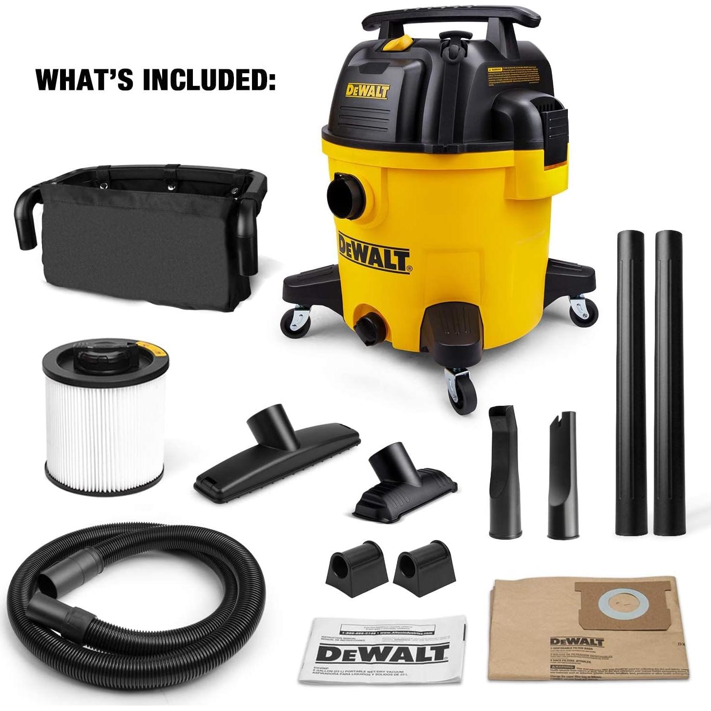 DEWALT 10 Gallon Shop Vacuum Wet and Dry, 5.5 Peak HP Poly Wet Dry Vacuum Cleaner with Attachments, 2-Stage Motor, Portable Handle/Caster with Drain Blower, DXV10PZ for Car, Garage, Workshop, Pet Hair