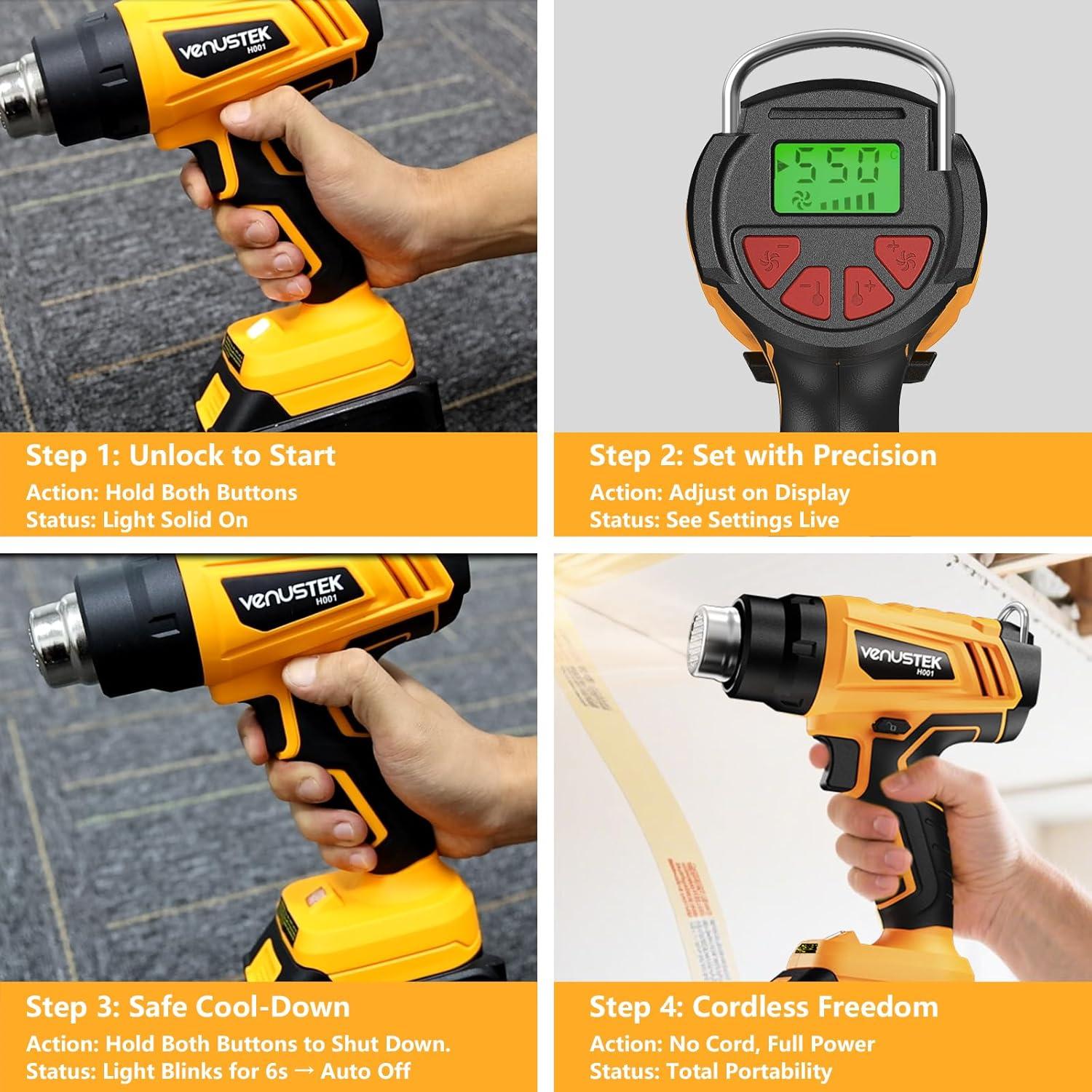 Pistola de Calor Inalámbrica VENUSTEK 20V 2 Baterías 4.0Ah