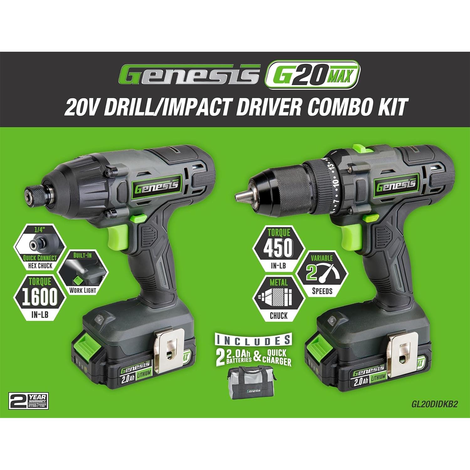 Kit Taladro Atornillador Genesis G20MAX 20V 450 in-lb 2 Baterías