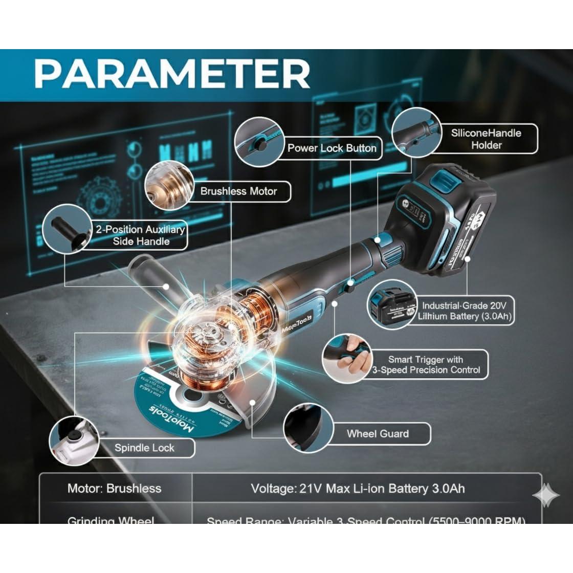 Esmeril Angular Inalámbrico MoJoTools 21V 4.5" 9000 RPM