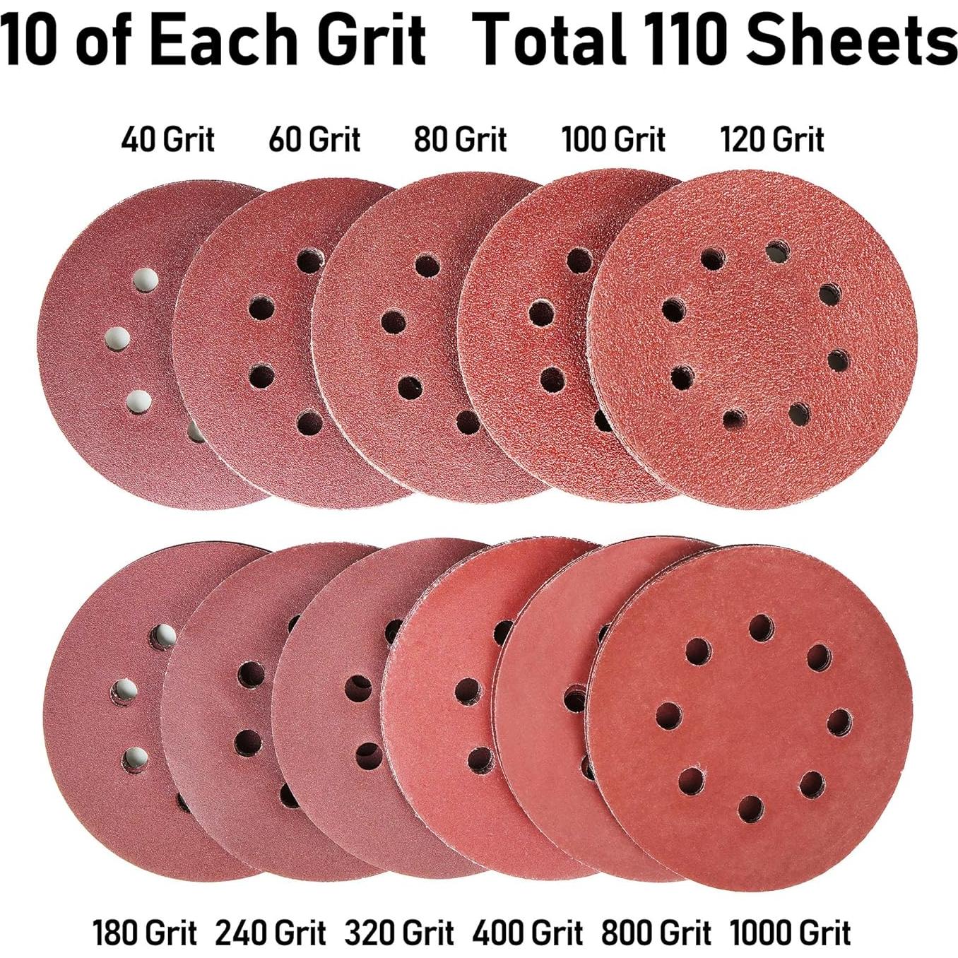 Discos de Lijado 5" LotFancy 110 Piezas 40-1000 Grano