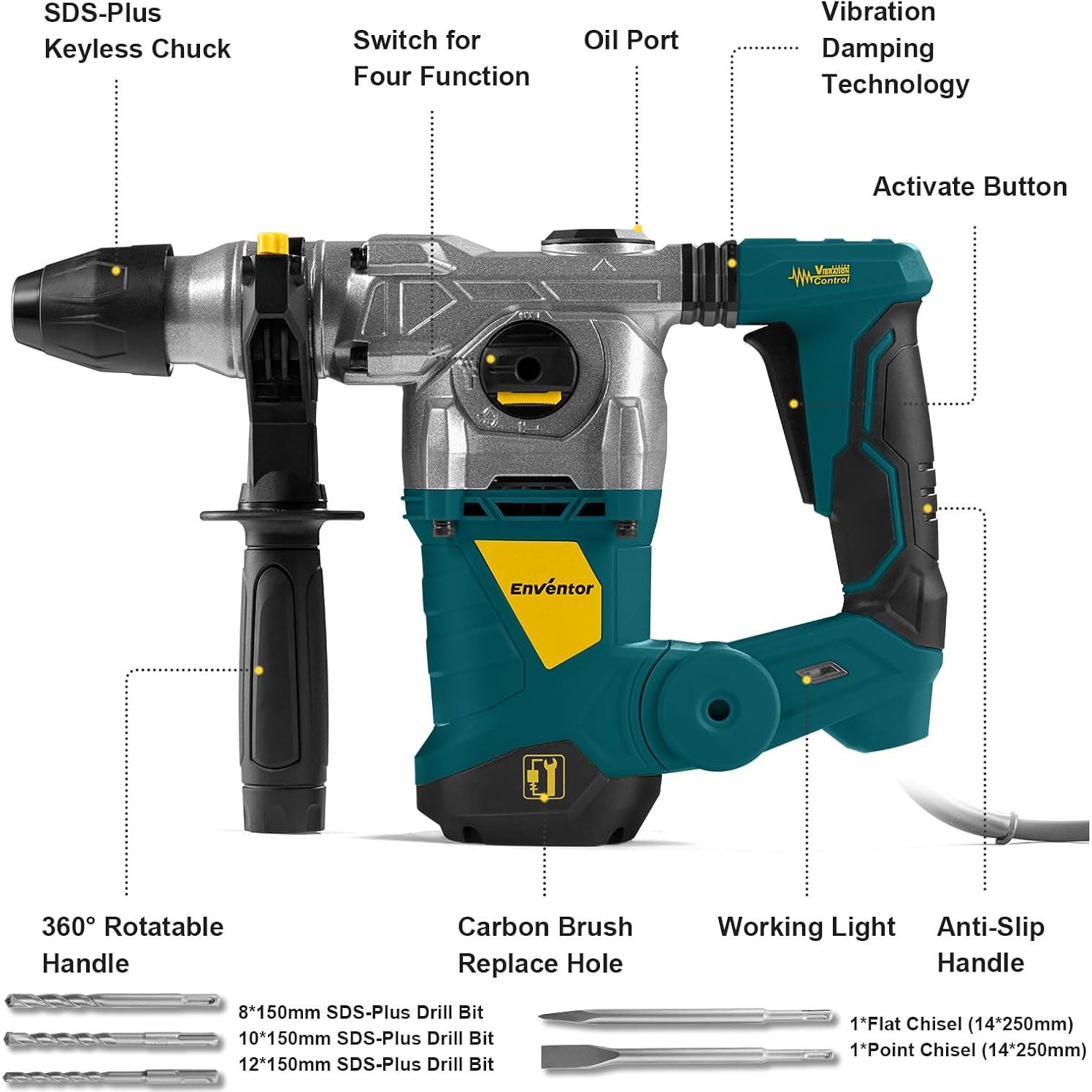 Martillo Perforador Rotativo Enventor 1500W 4 Funciones Azul