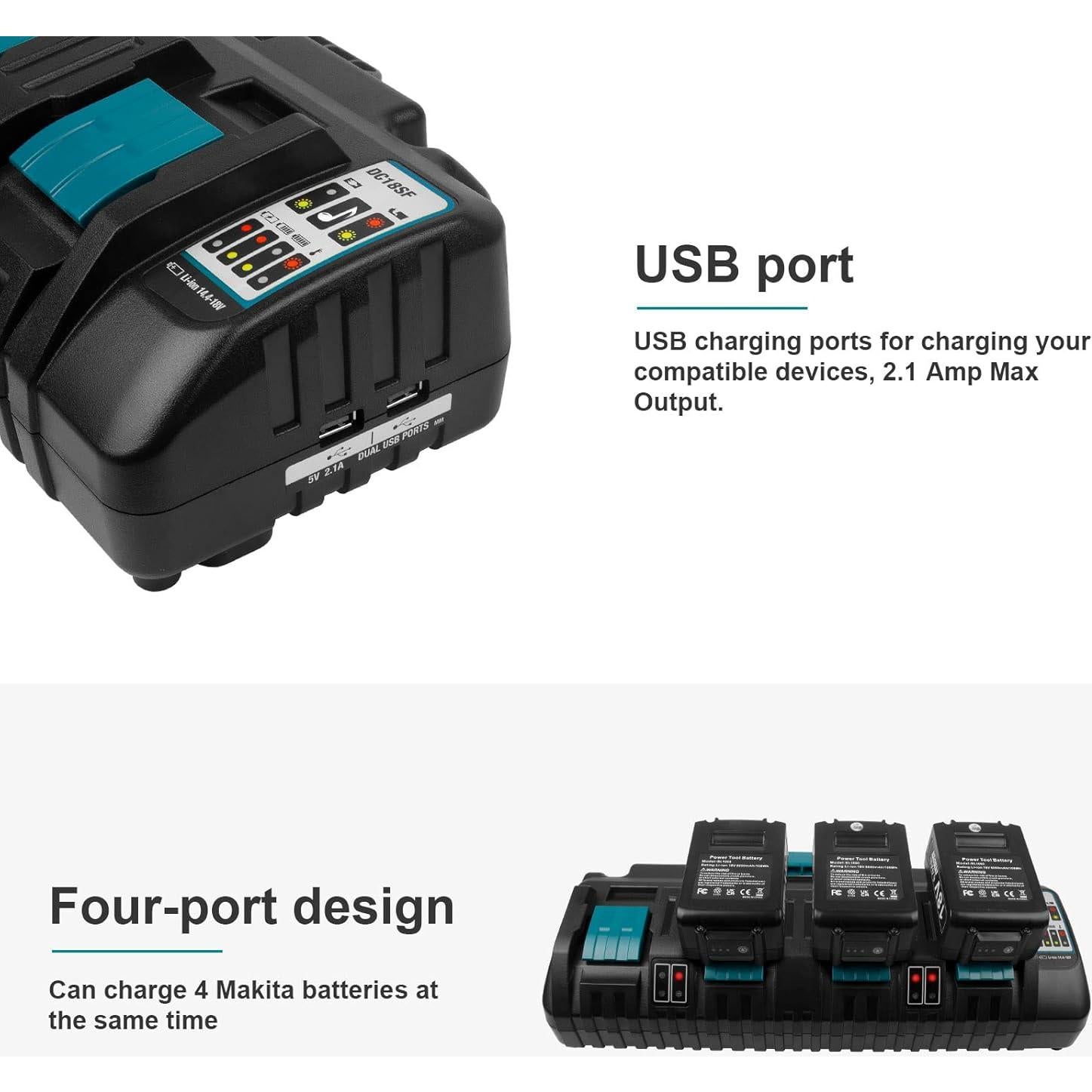 Cargador Rápido 4 Puertos 18V DC18SF Compatible Makita