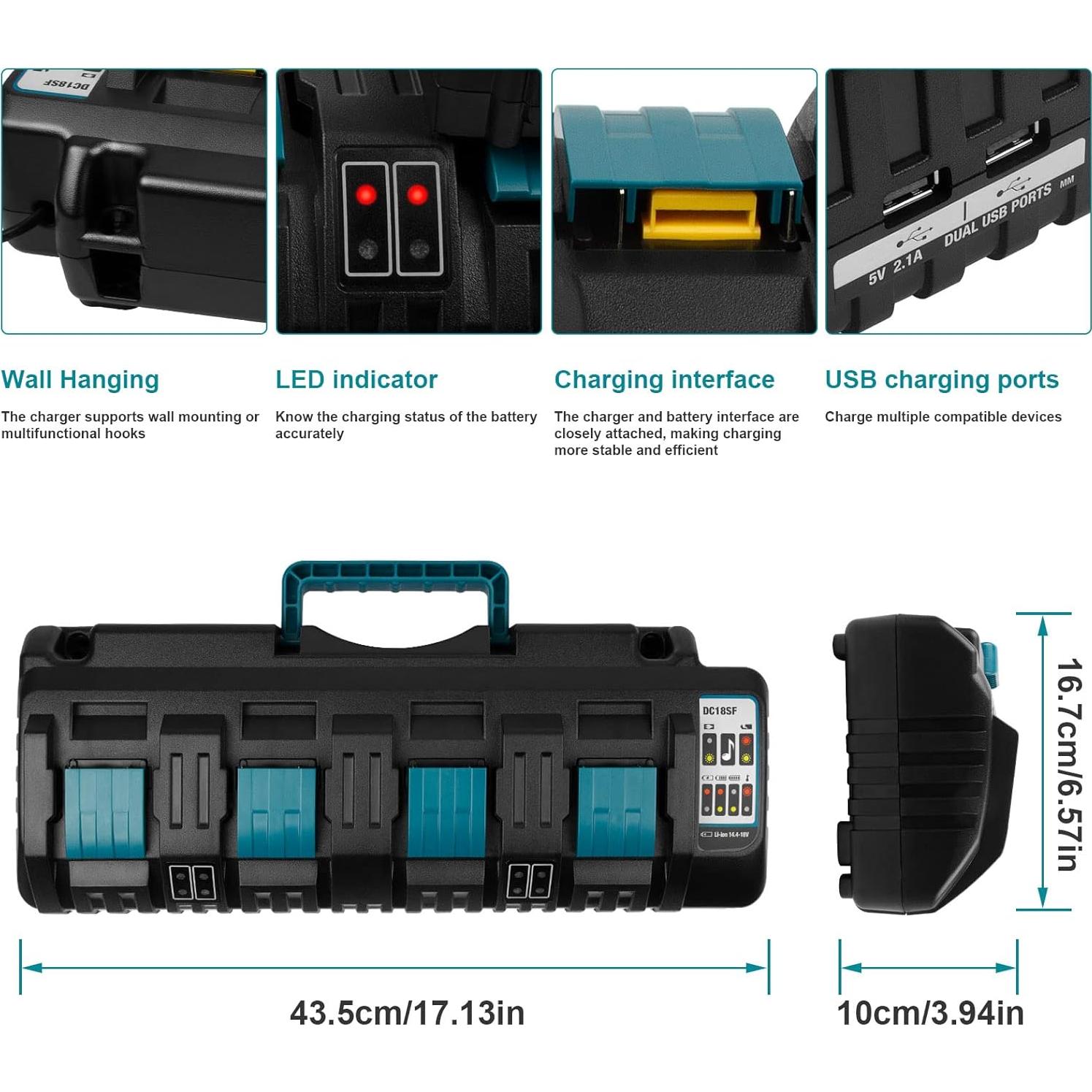 Cargador Rápido 4 Puertos 18V DC18SF Compatible Makita