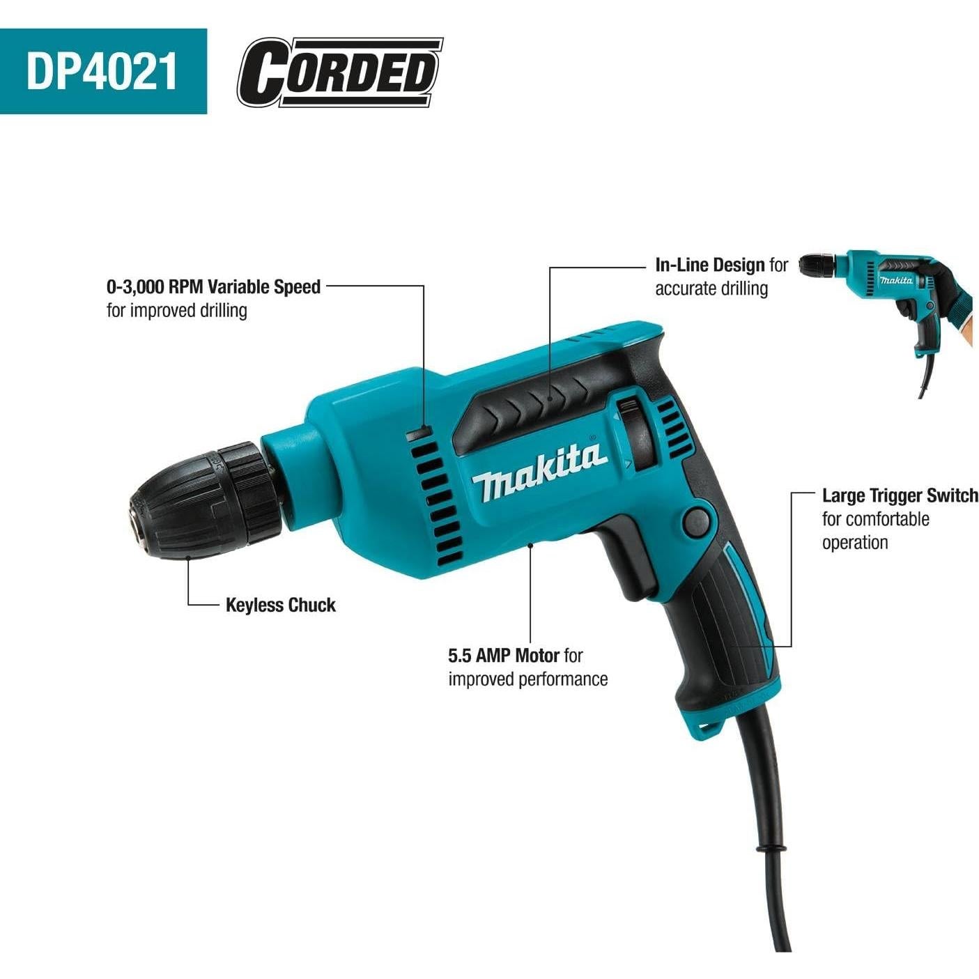 Taladro Eléctrico Makita DP4021 1/2" 5.5 AMP 3000 RPM