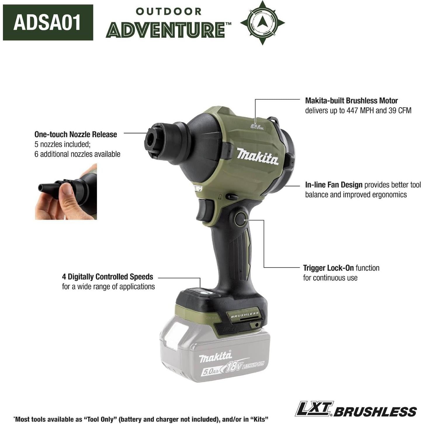 Cepillo Inflador Inalámbrico Makita ADSA01Z 18V LXT Verde Camo