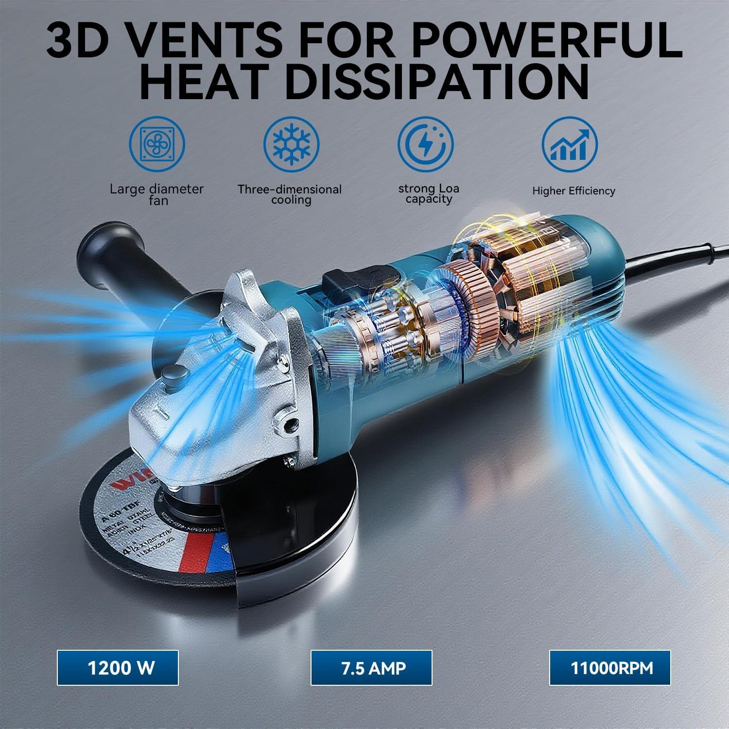 Amoladora Eléctrica MZG 1200W 4.5" 7.5A con Mango Auxiliar