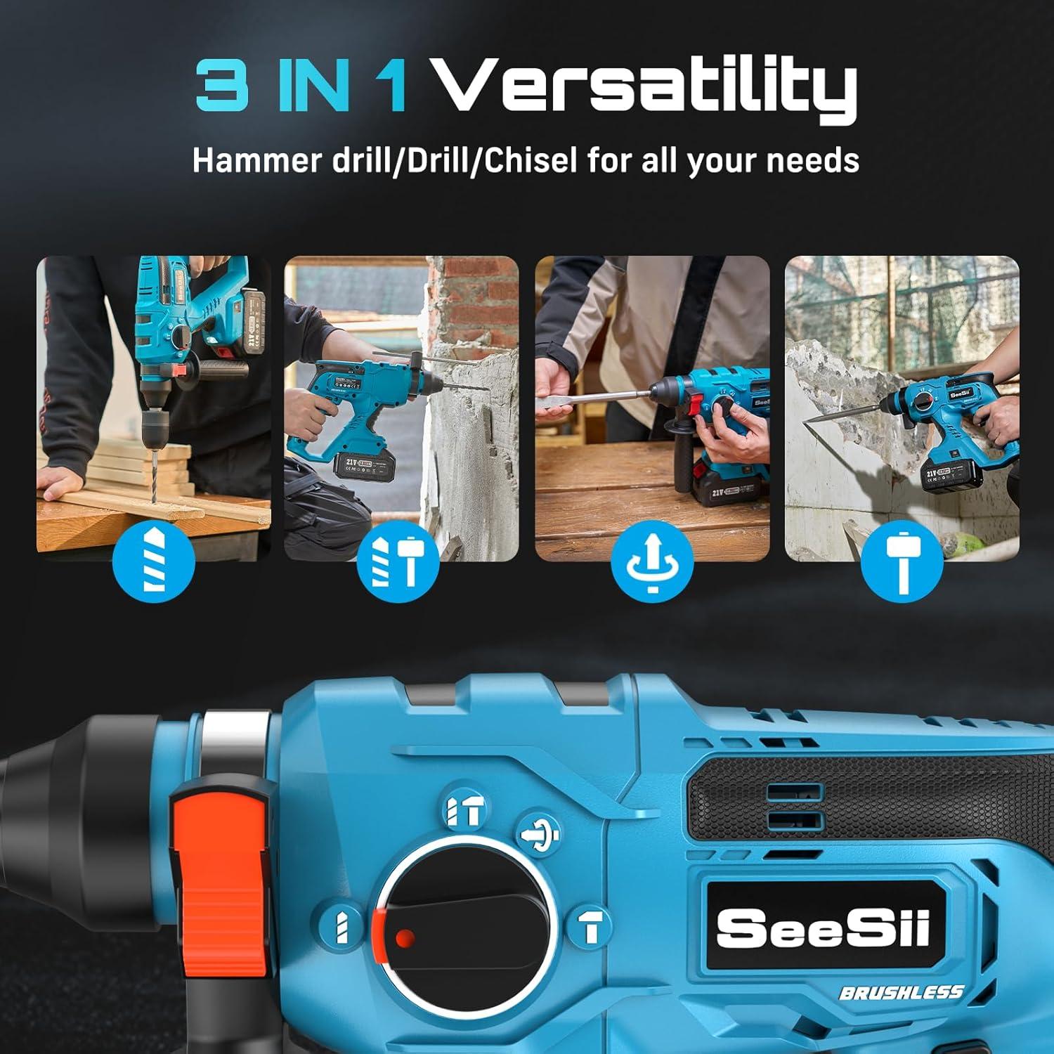 Taladro de Martillo Inalámbrico Seesii 21V con 2 Baterías 4000mAh