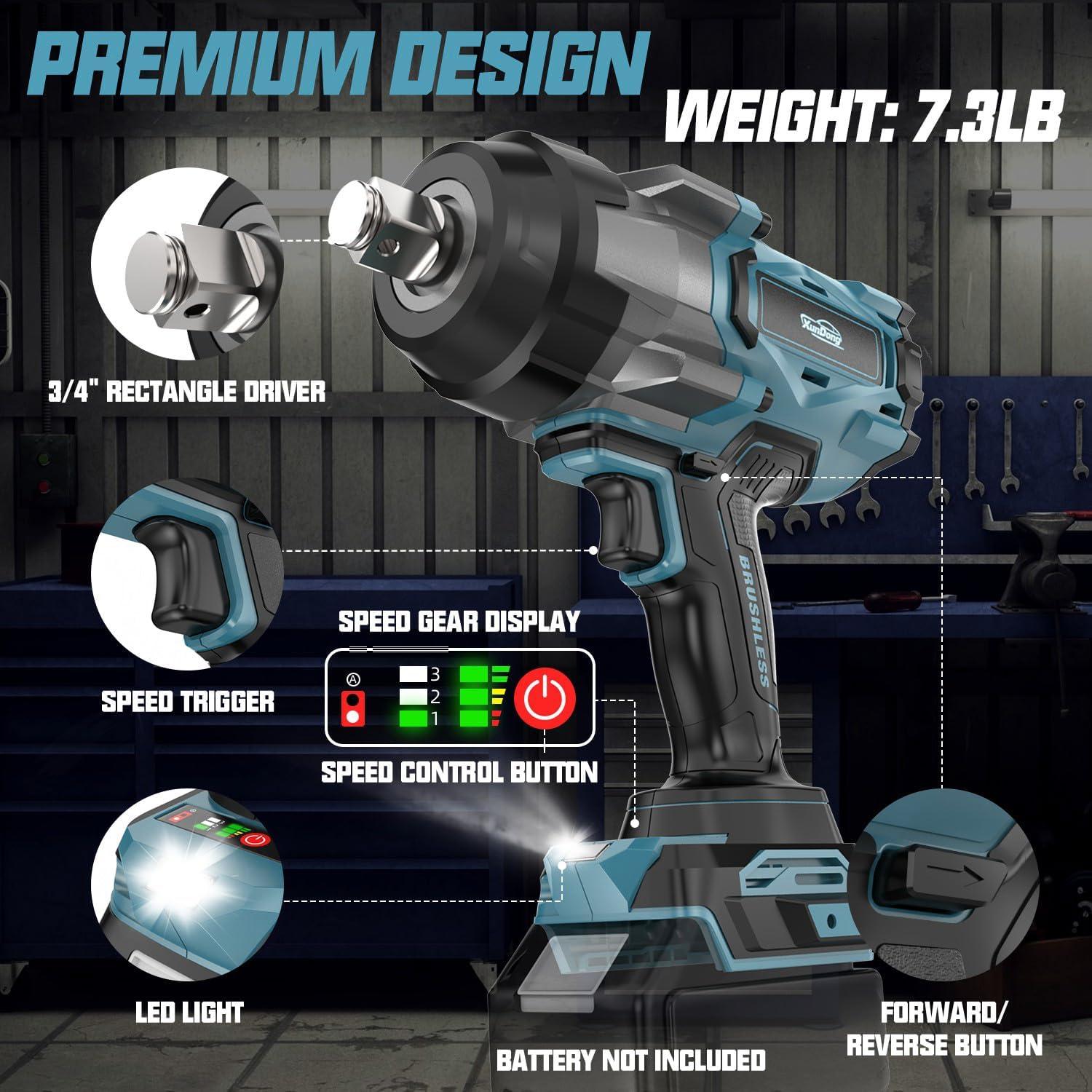 Llave de impacto inalámbrica 3/4" XunDong 2500N.m 4 velocidades