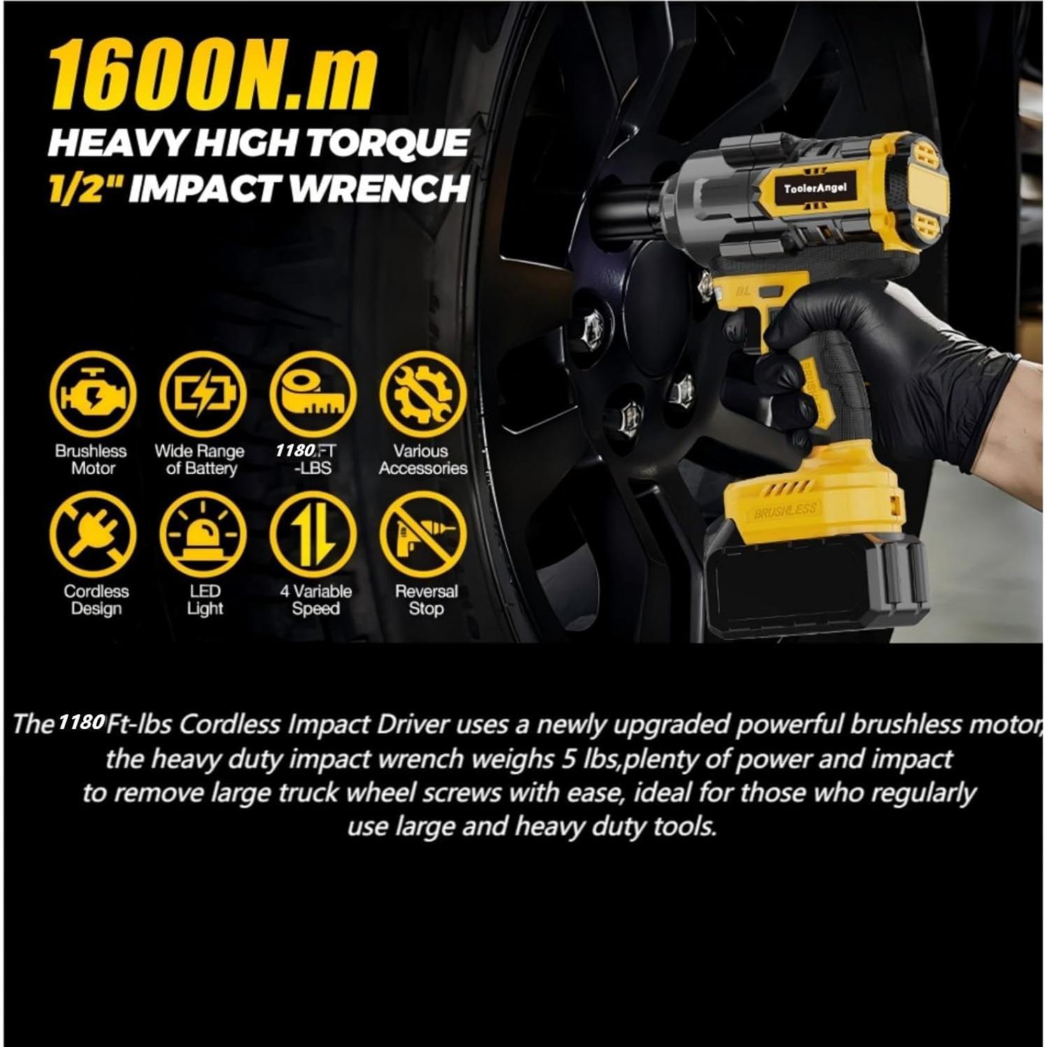 Llave de impacto inalámbrica ToolerAngel 1600Nm 1/2" 8Ah