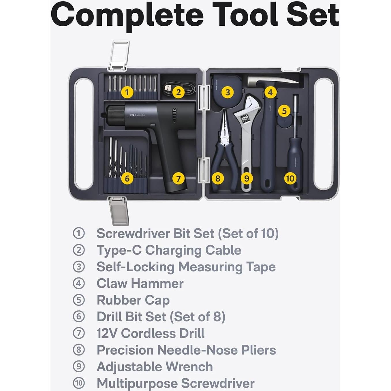 Juego de Taladro Sin Cable HOTO 12V con 40 Piezas y Pantalla LED