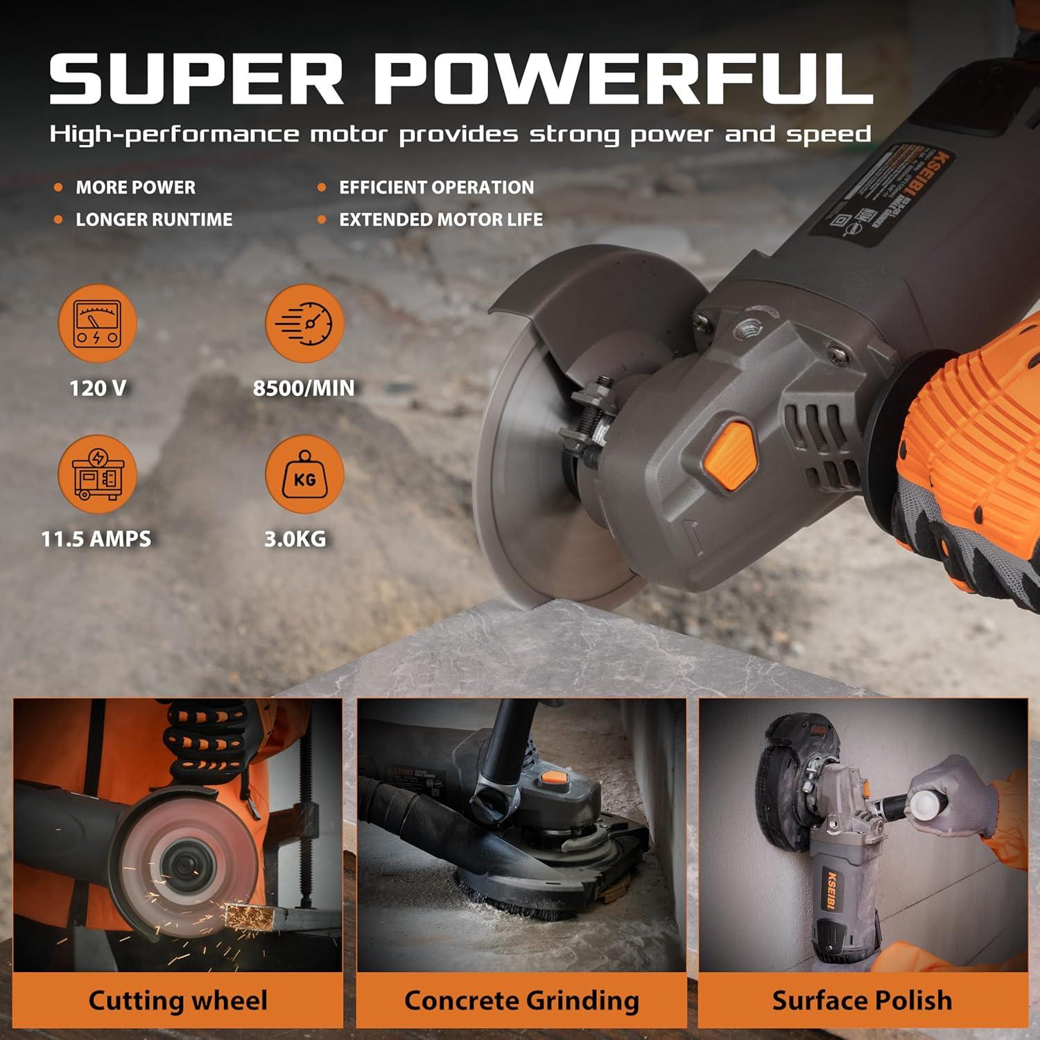 Esmeriladora de Ángulo KSEIBI 1400W 5" con Rueda de Diamante