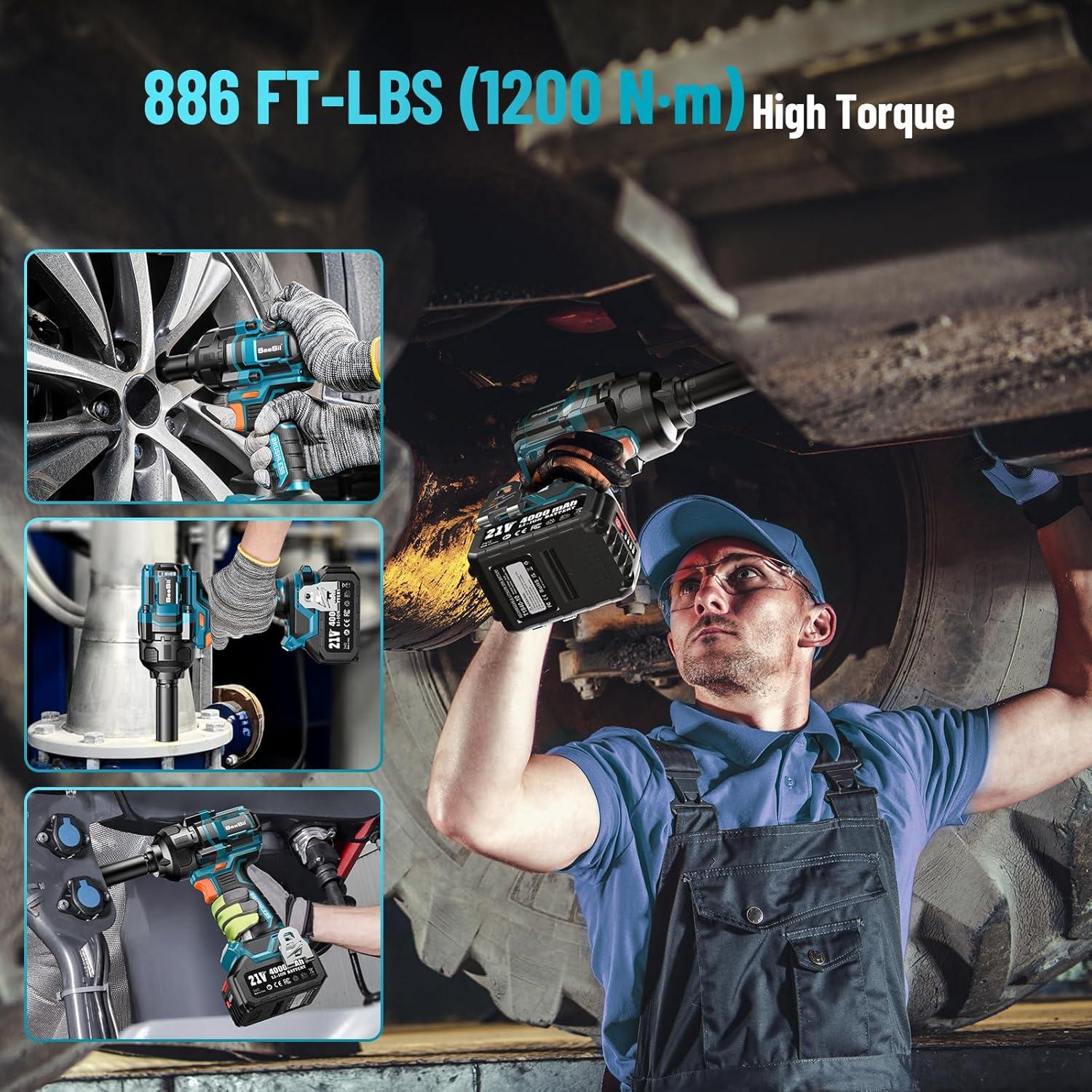 Llave de impacto inalámbrica Seesii 21V 1200Nm 2900IPM con 4 sockets