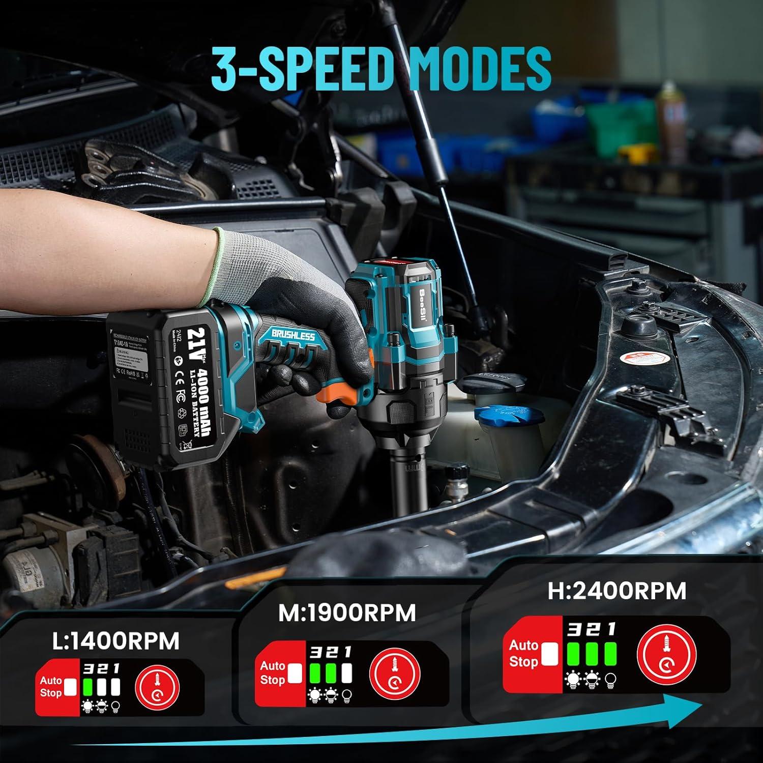 Llave de impacto inalámbrica Seesii 21V 1200Nm 2900IPM con 4 sockets