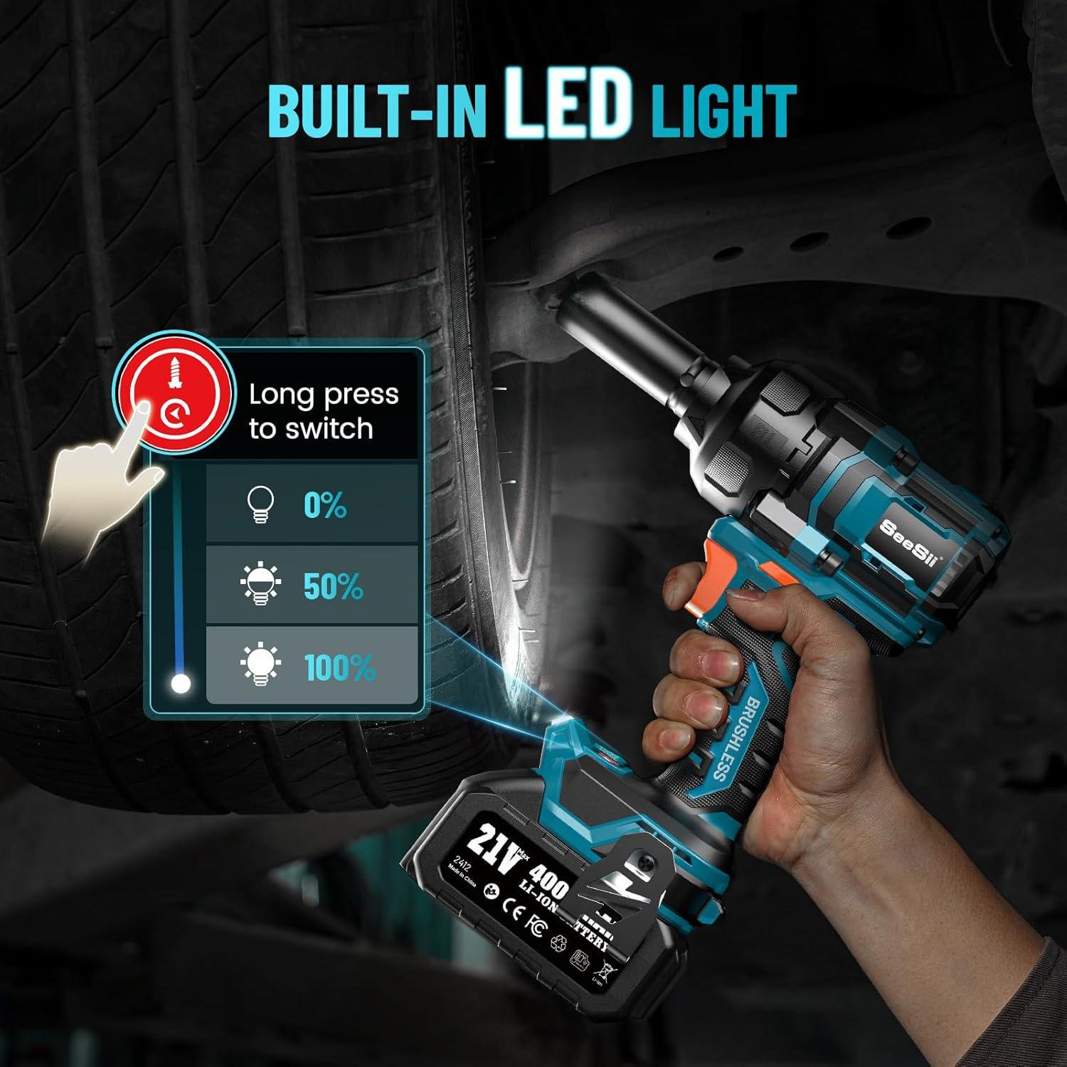 Llave de impacto inalámbrica Seesii 21V 1200Nm 2900IPM con 4 sockets