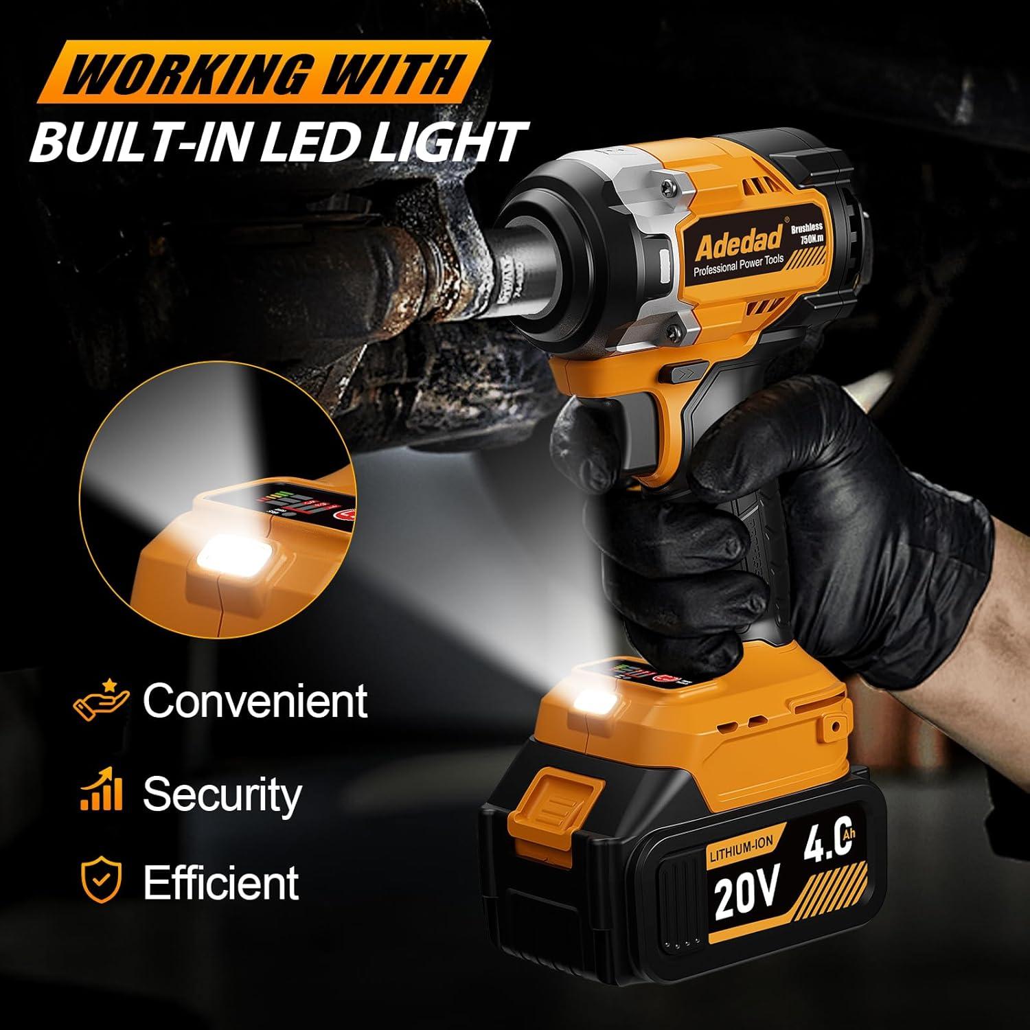 Llave de impacto inalámbrica Adedad 750N.m 20V con batería 4.0Ah