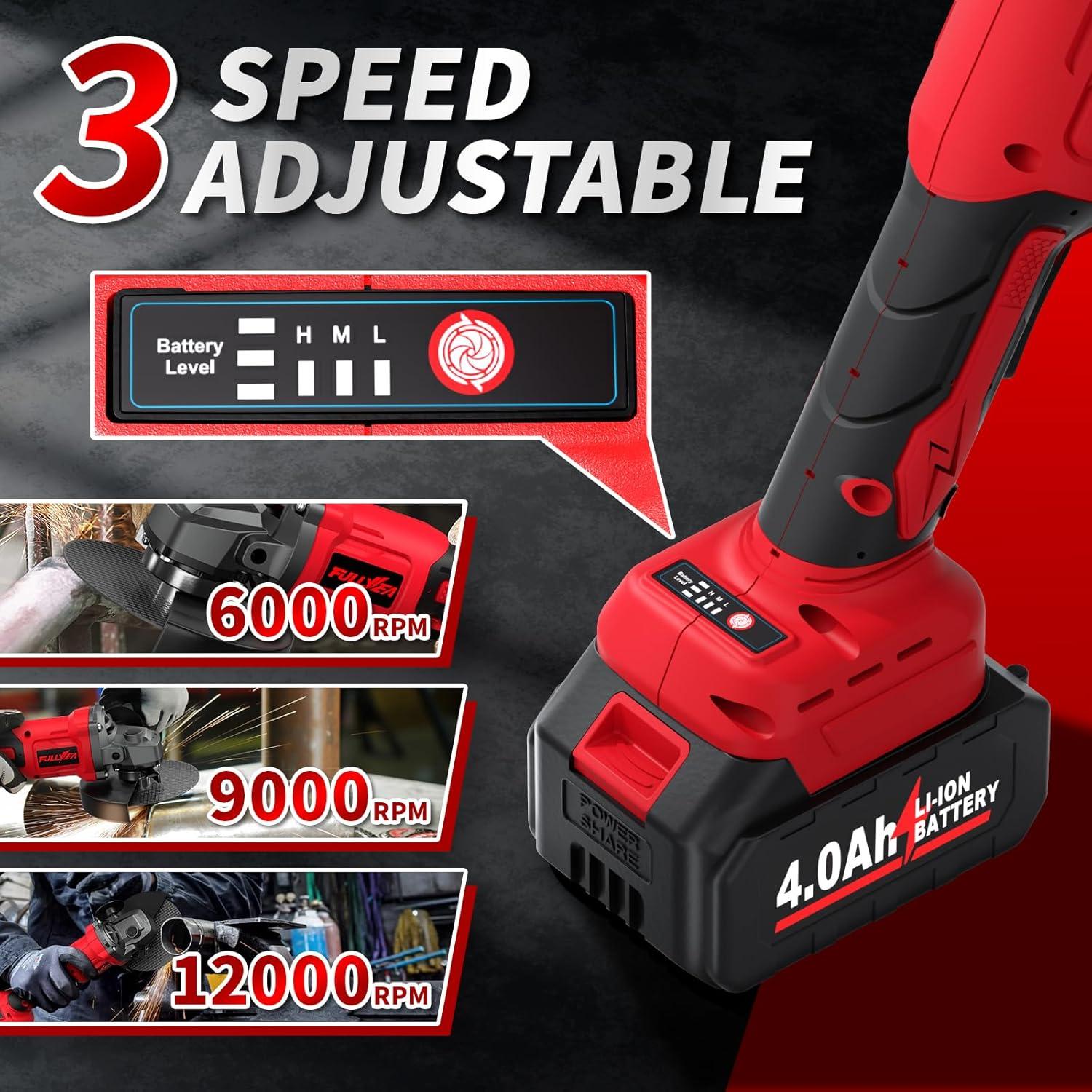 Amoladora Angular Inalámbrica FULLYEA 4-1/2" 12000 RPM con 2 Baterías