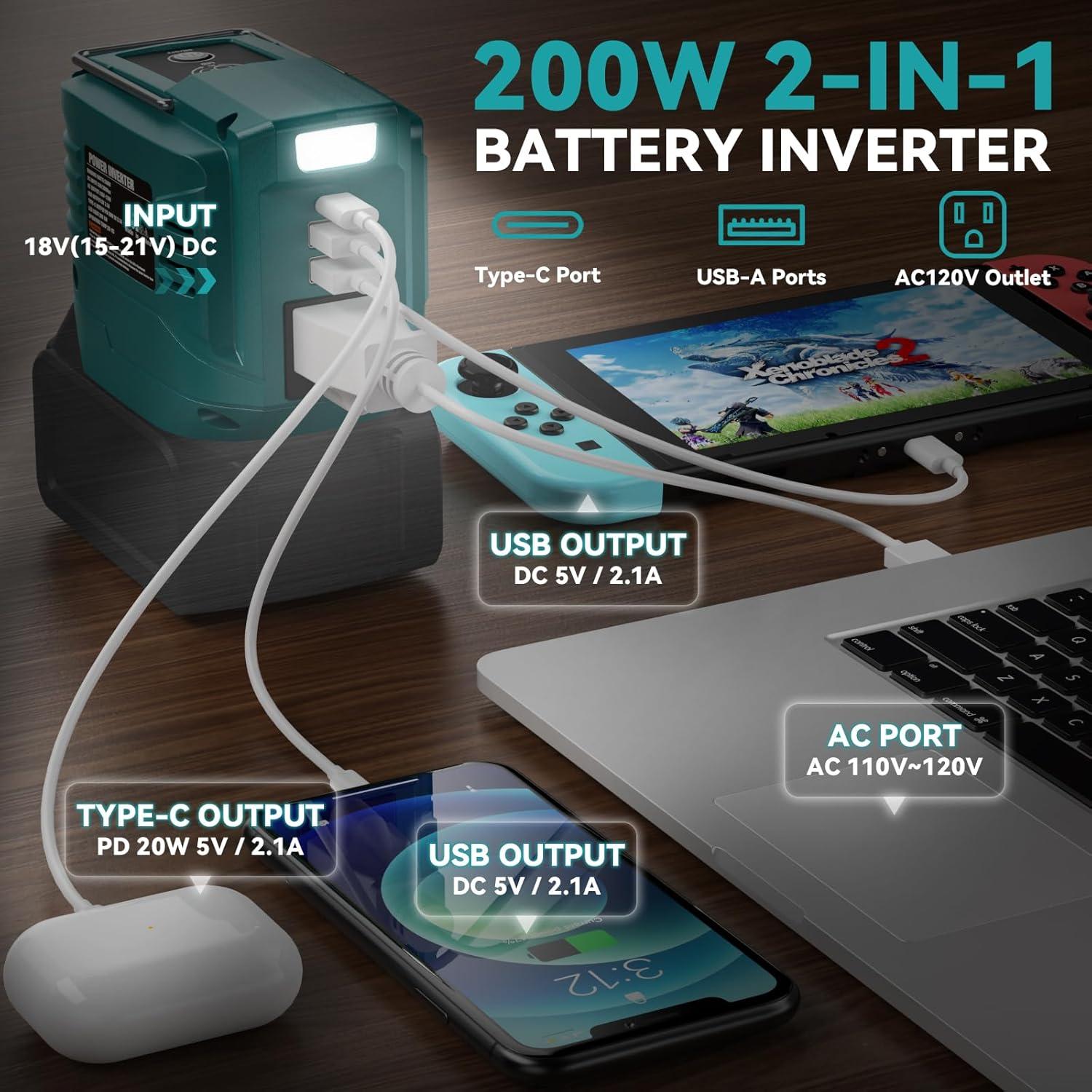 Inversor de Potencia 200W VAXCANZE para Baterías Makita 18V
