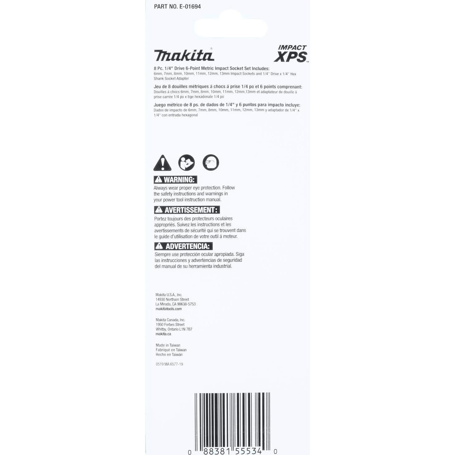 Juego de 8 Enchufes de Impacto Makita E-01694 1/4" Métricos