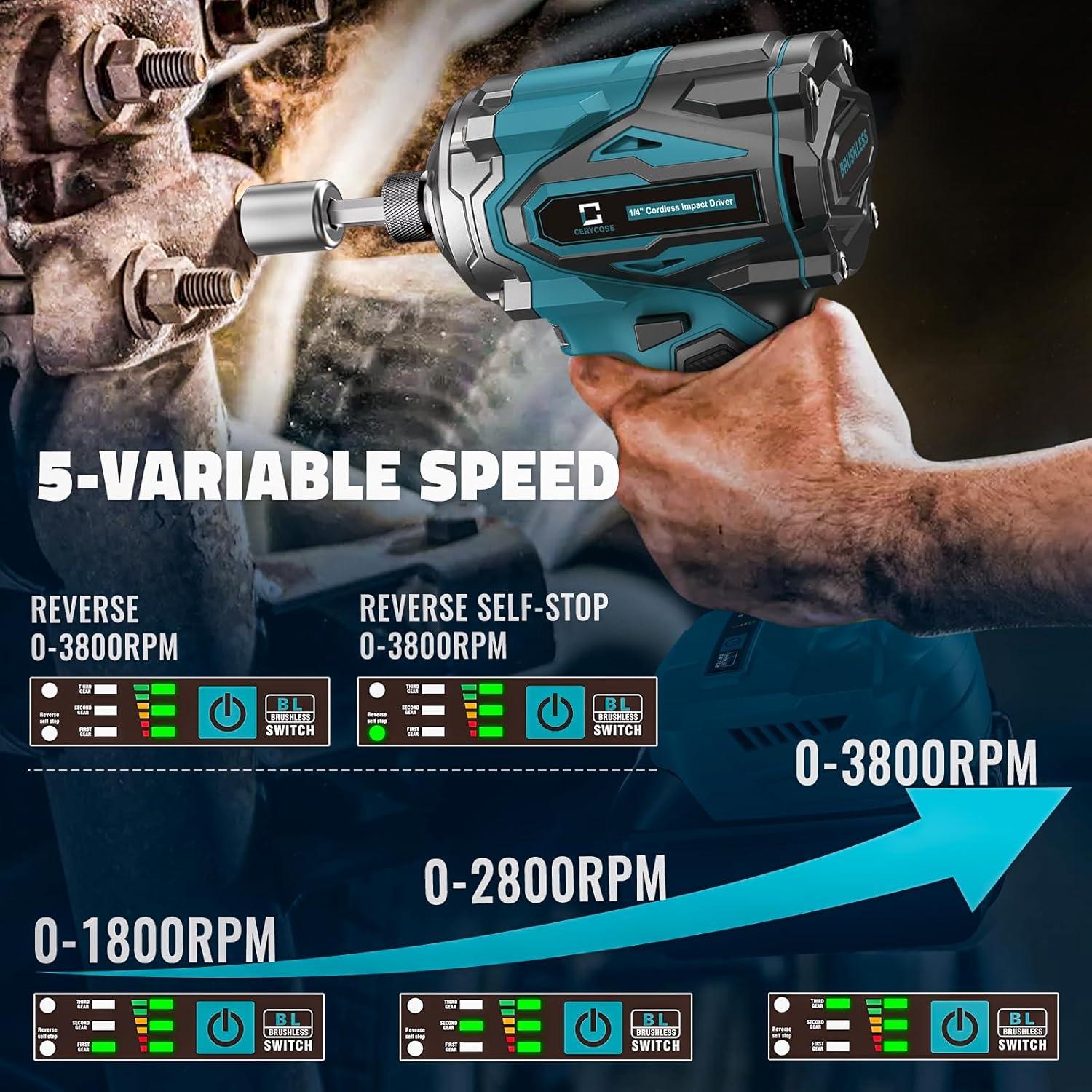 Destornillador de impacto inalámbrico Cerycose 18V 2800 Nm 5 velocidades