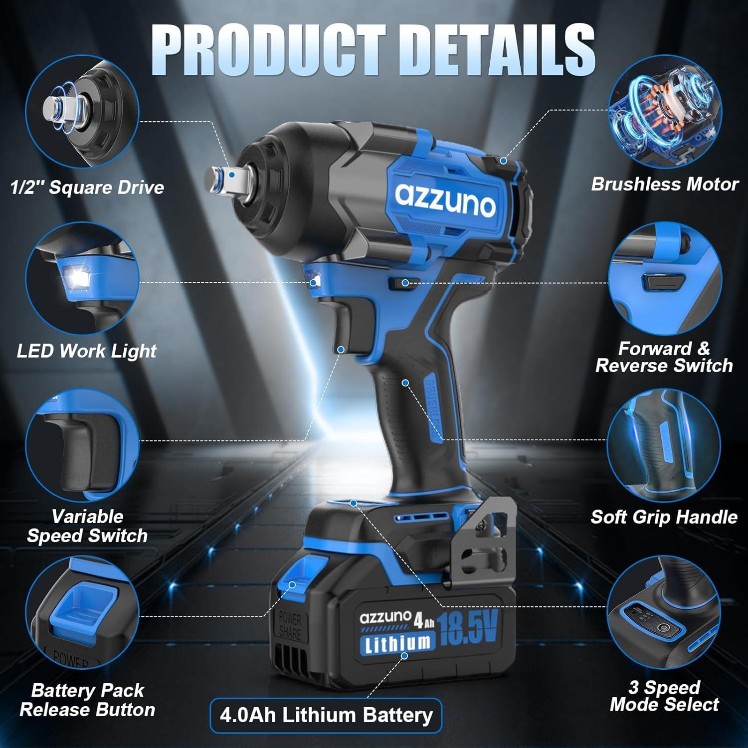 Llave de Impacto Eléctrica AZZUNO 1000Nm 1/2'' Inalámbrica