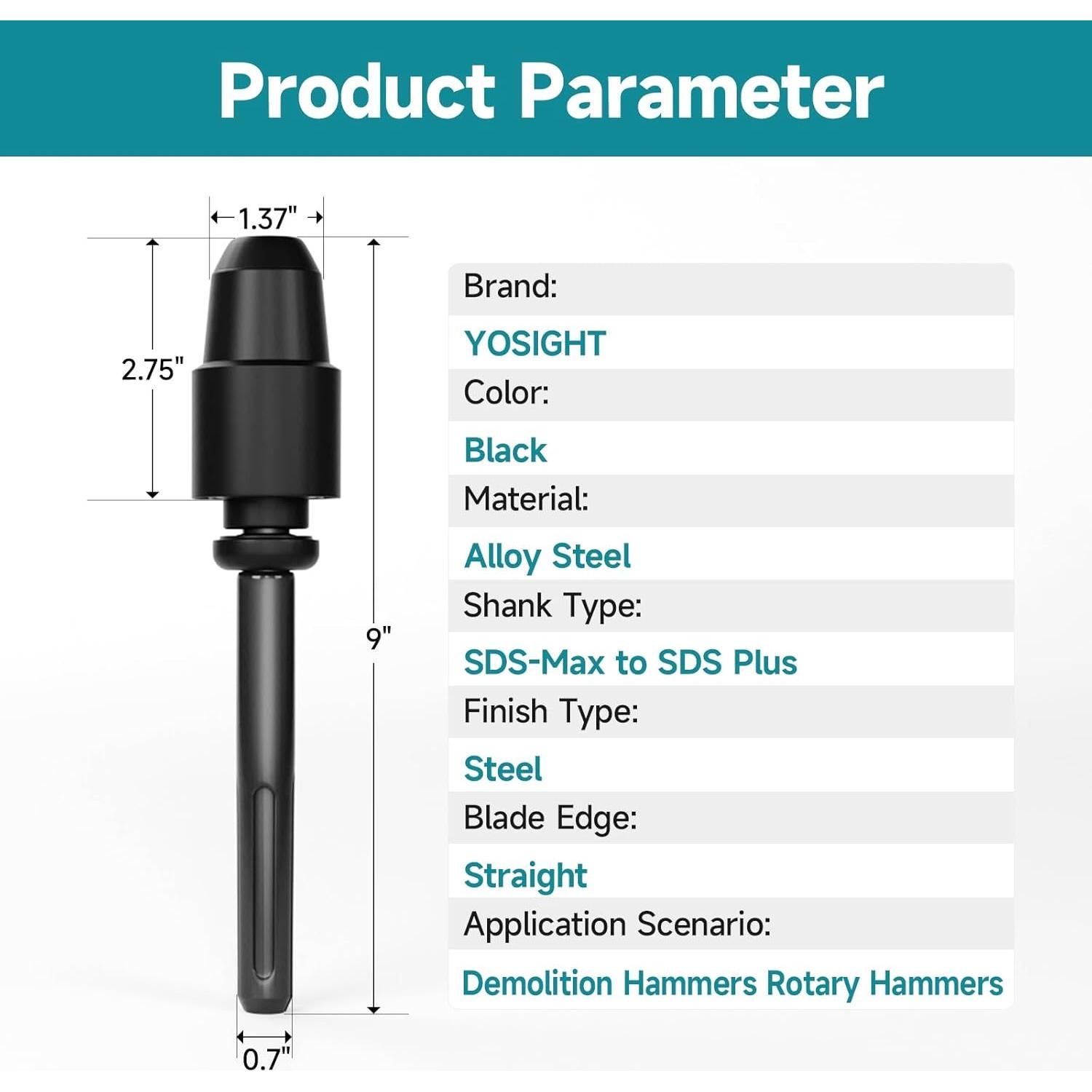 Adaptador SDS-Max a SDS-Plus YOSIGHT 22.86 cm Acero Aleado