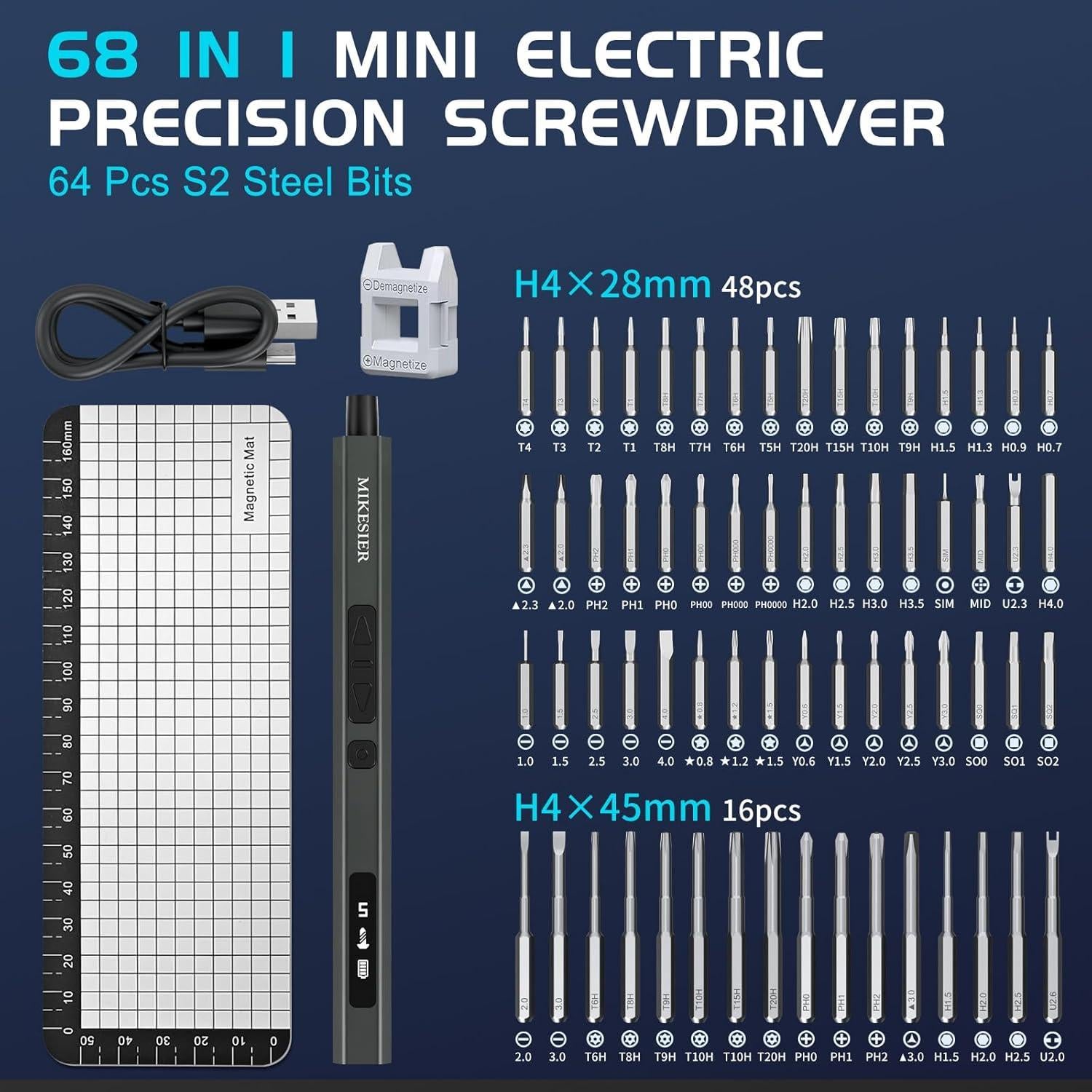 Destornillador Eléctrico Mini MIKESIER 3.7V 64 Puntas Magnéticas