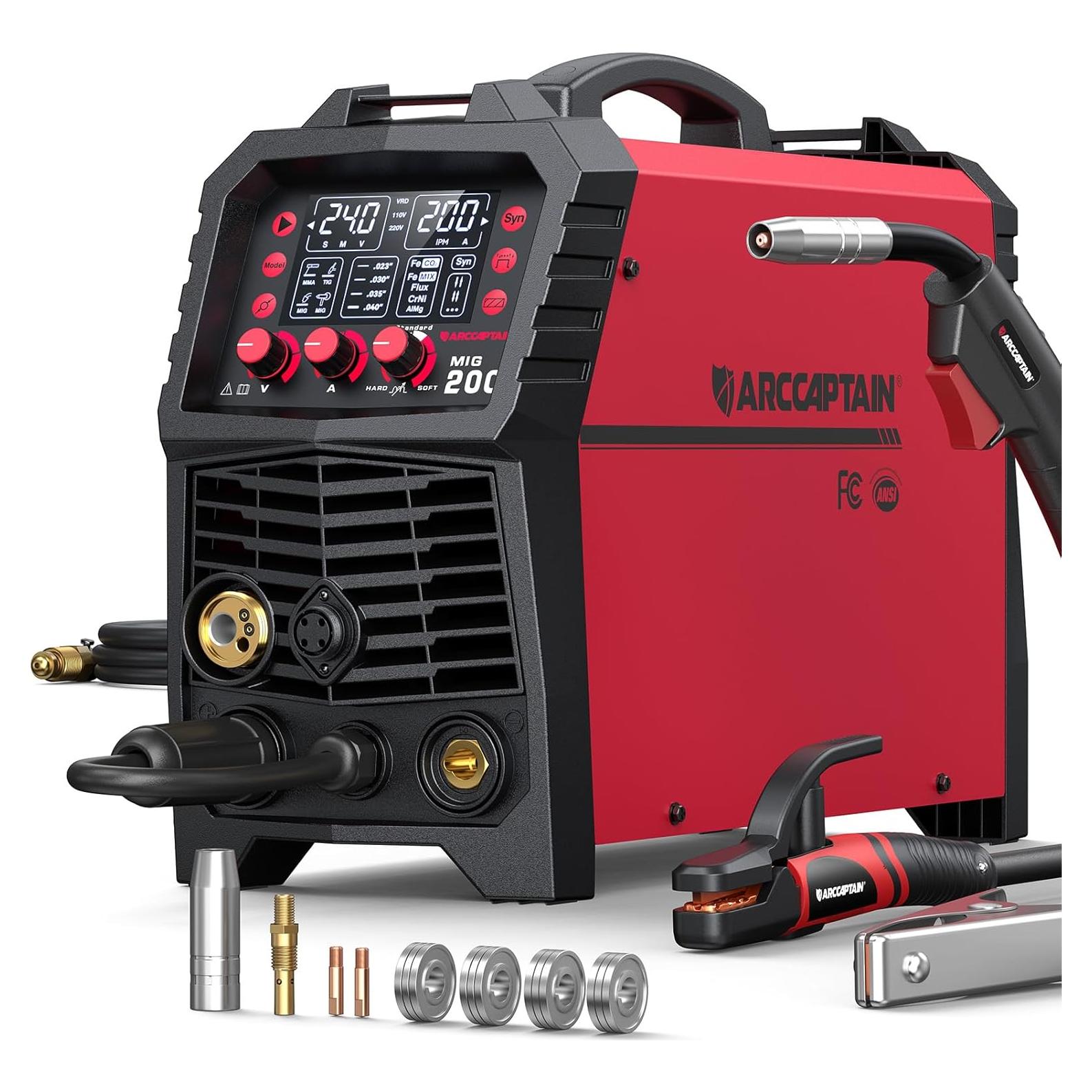 ARCCAPTAIN MIG Welder, 200Amp 6 in 1 Gas MIG/Gasless Flux Core MIG/Stick/Lift TIG/Spot welding/Spool Gun 110V/220V Aluminum Multi Process Welding Machine with LED Digital Display, Burn Back Adjustment