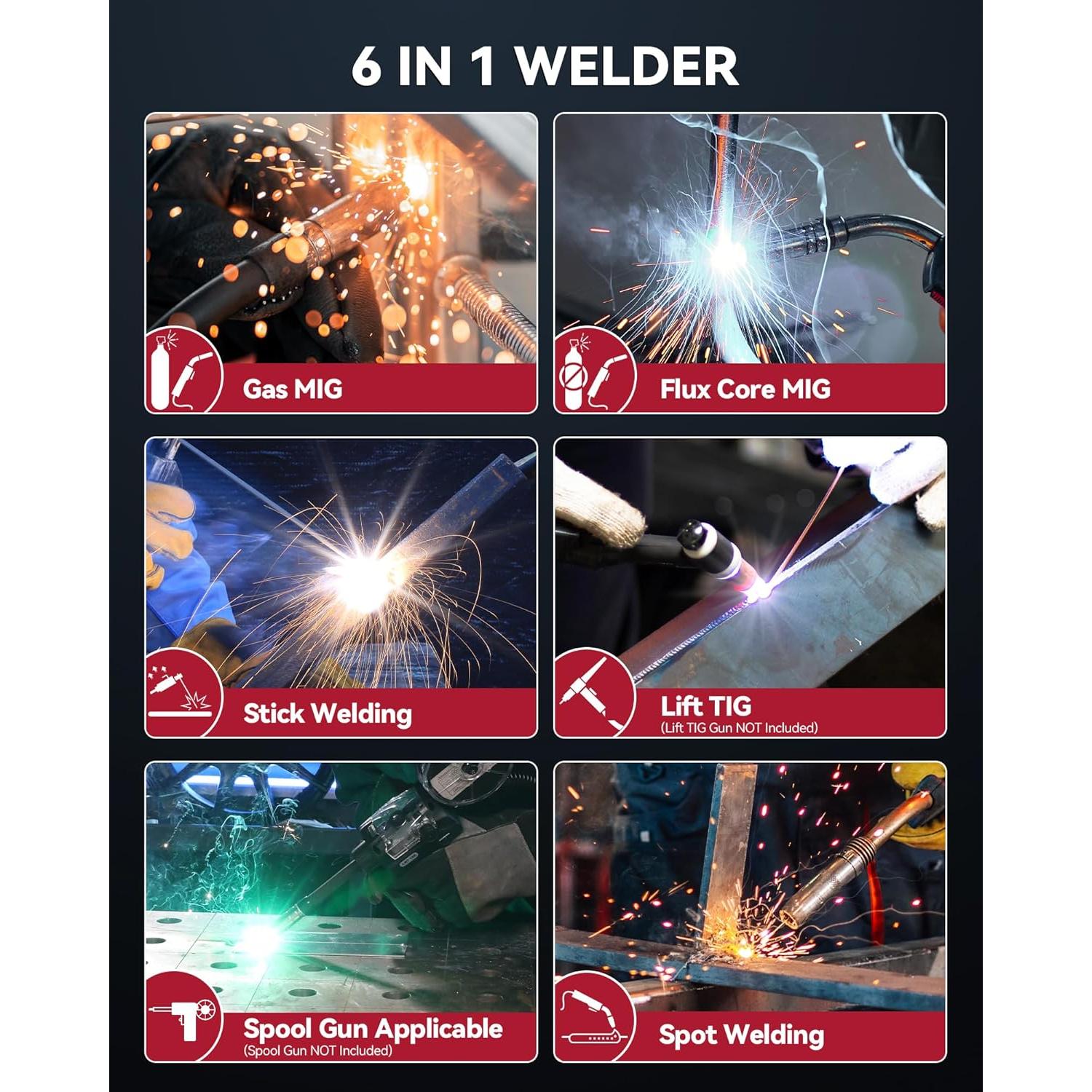 ARCCAPTAIN MIG Welder, 200Amp 6 in 1 Gas MIG/Gasless Flux Core MIG/Stick/Lift TIG/Spot welding/Spool Gun 110V/220V Aluminum Multi Process Welding Machine with LED Digital Display, Burn Back Adjustment