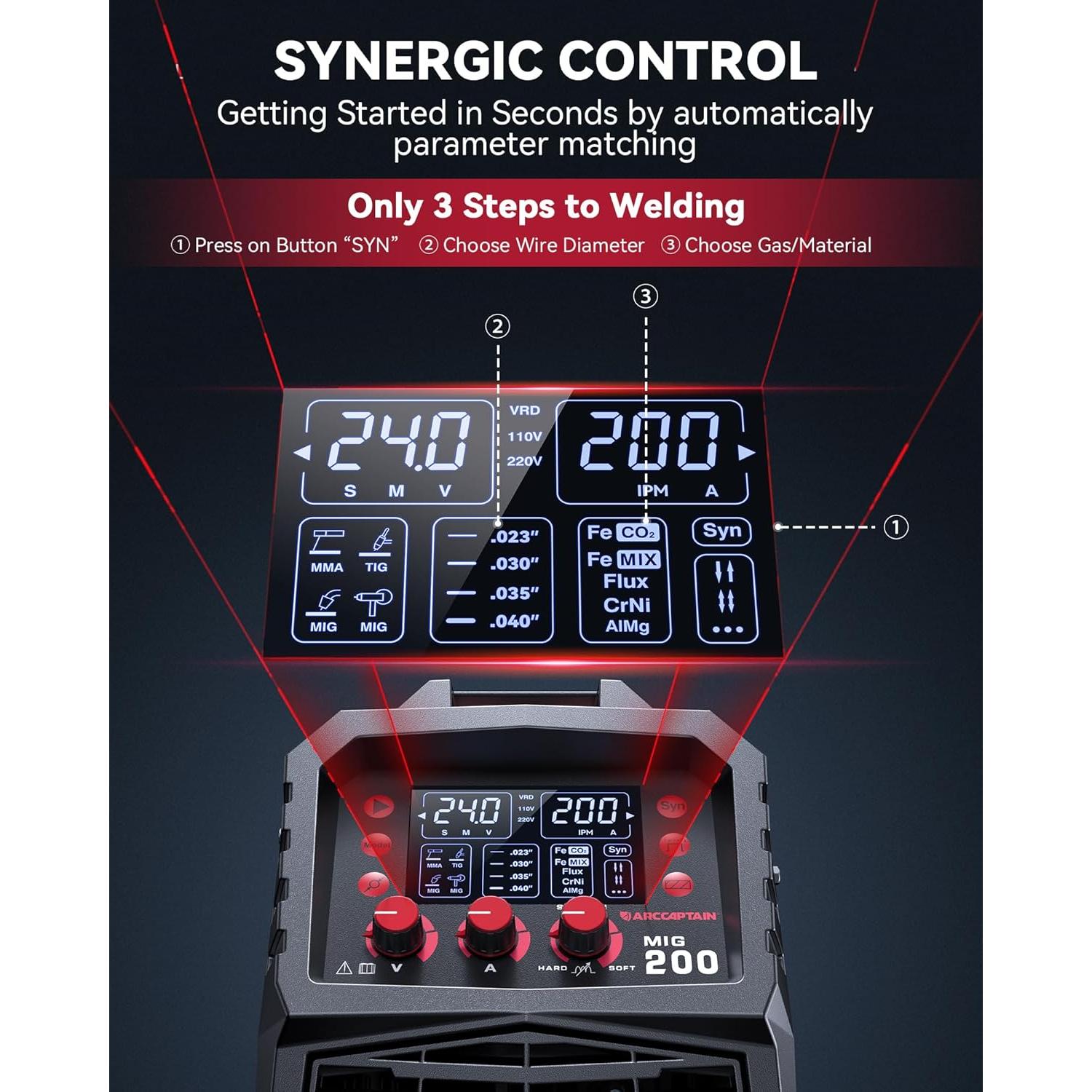 ARCCAPTAIN MIG Welder, 200Amp 6 in 1 Gas MIG/Gasless Flux Core MIG/Stick/Lift TIG/Spot welding/Spool Gun 110V/220V Aluminum Multi Process Welding Machine with LED Digital Display, Burn Back Adjustment