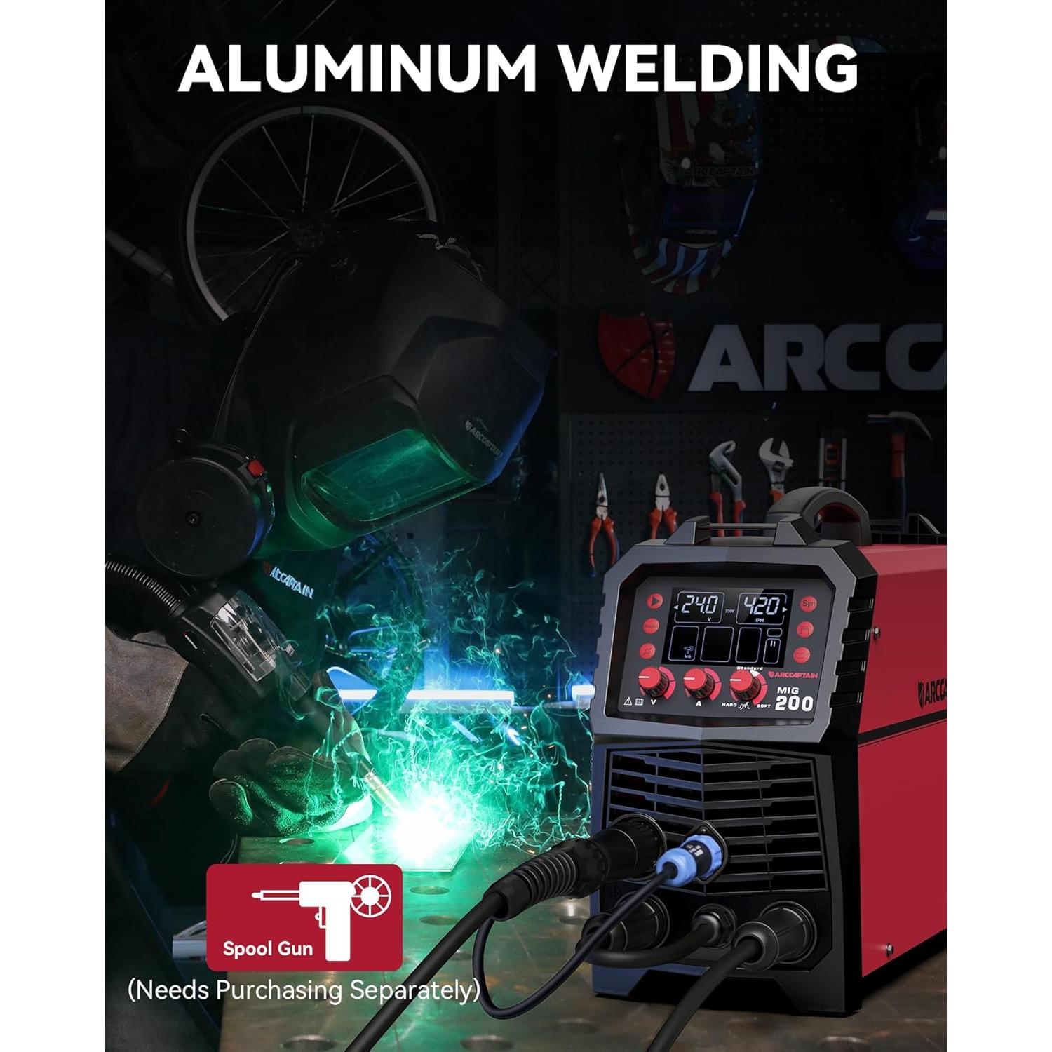 ARCCAPTAIN MIG Welder, 200Amp 6 in 1 Gas MIG/Gasless Flux Core MIG/Stick/Lift TIG/Spot welding/Spool Gun 110V/220V Aluminum Multi Process Welding Machine with LED Digital Display, Burn Back Adjustment