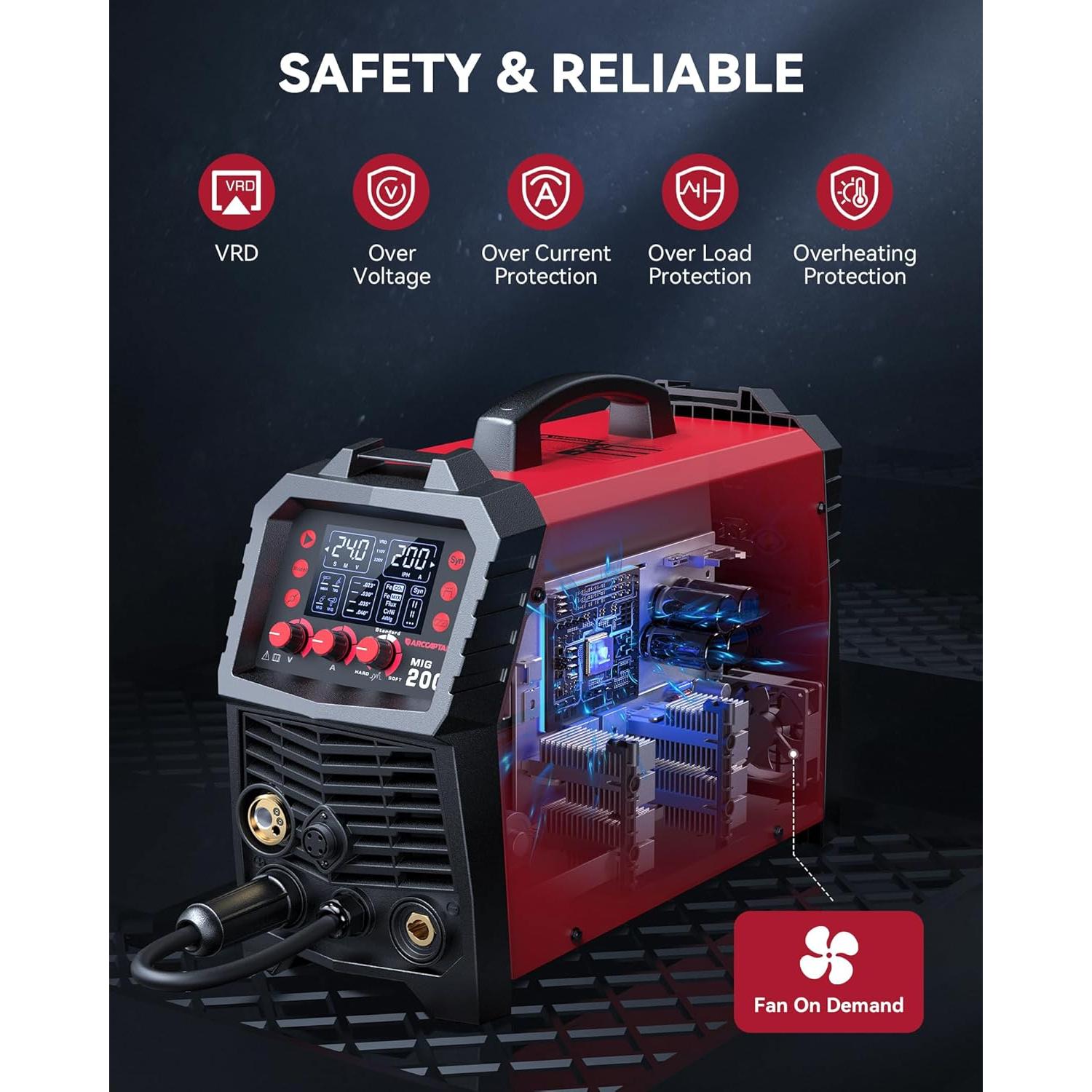 ARCCAPTAIN MIG Welder, 200Amp 6 in 1 Gas MIG/Gasless Flux Core MIG/Stick/Lift TIG/Spot welding/Spool Gun 110V/220V Aluminum Multi Process Welding Machine with LED Digital Display, Burn Back Adjustment