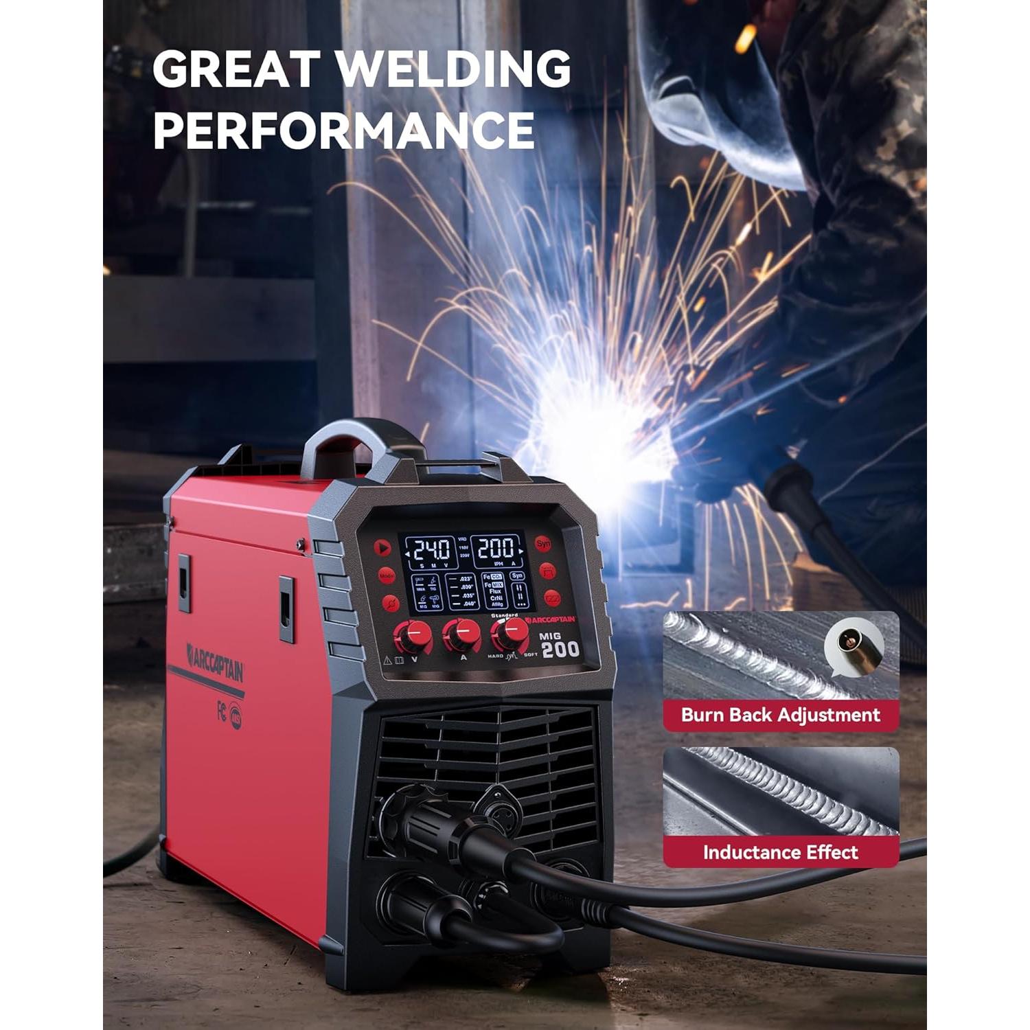 ARCCAPTAIN MIG Welder, 200Amp 6 in 1 Gas MIG/Gasless Flux Core MIG/Stick/Lift TIG/Spot welding/Spool Gun 110V/220V Aluminum Multi Process Welding Machine with LED Digital Display, Burn Back Adjustment
