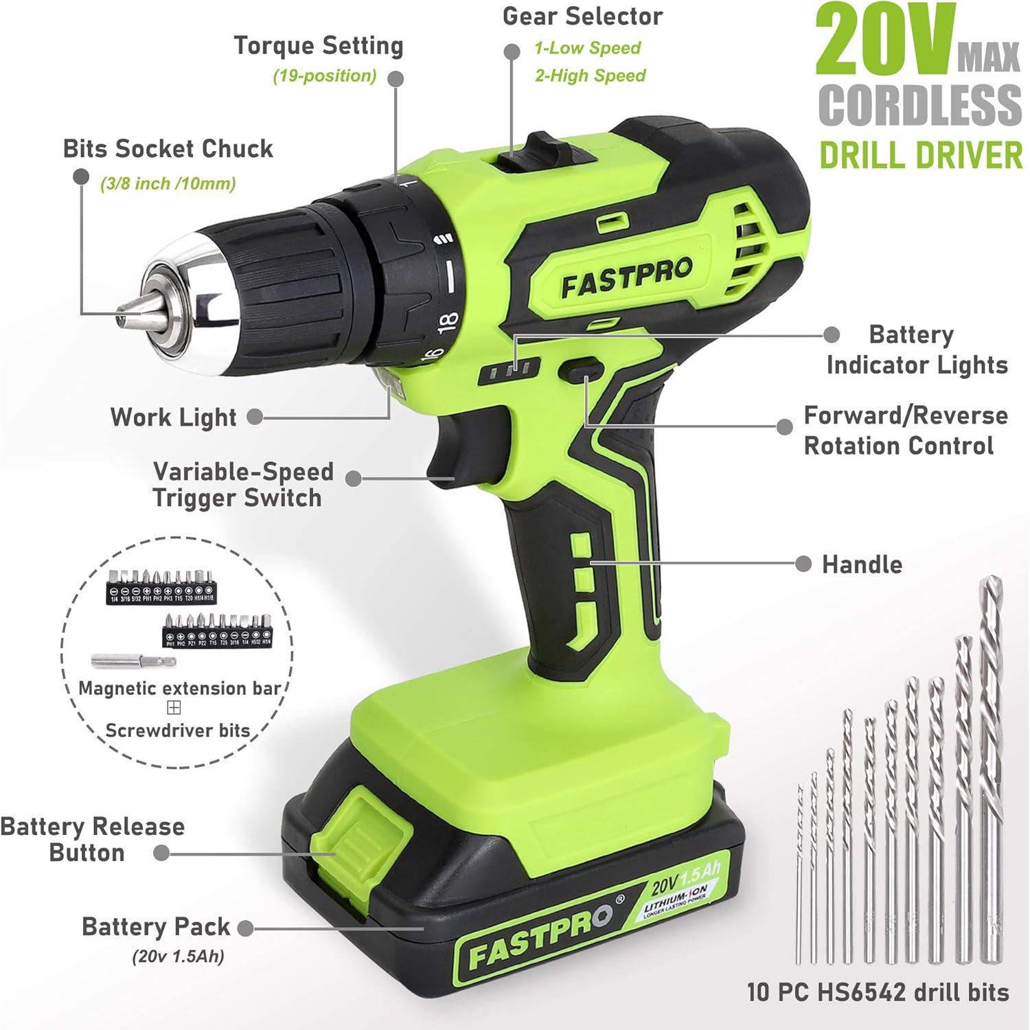 Taladro Inalámbrico FASTPRO 20V con Batería 1.5Ah y Accesorios