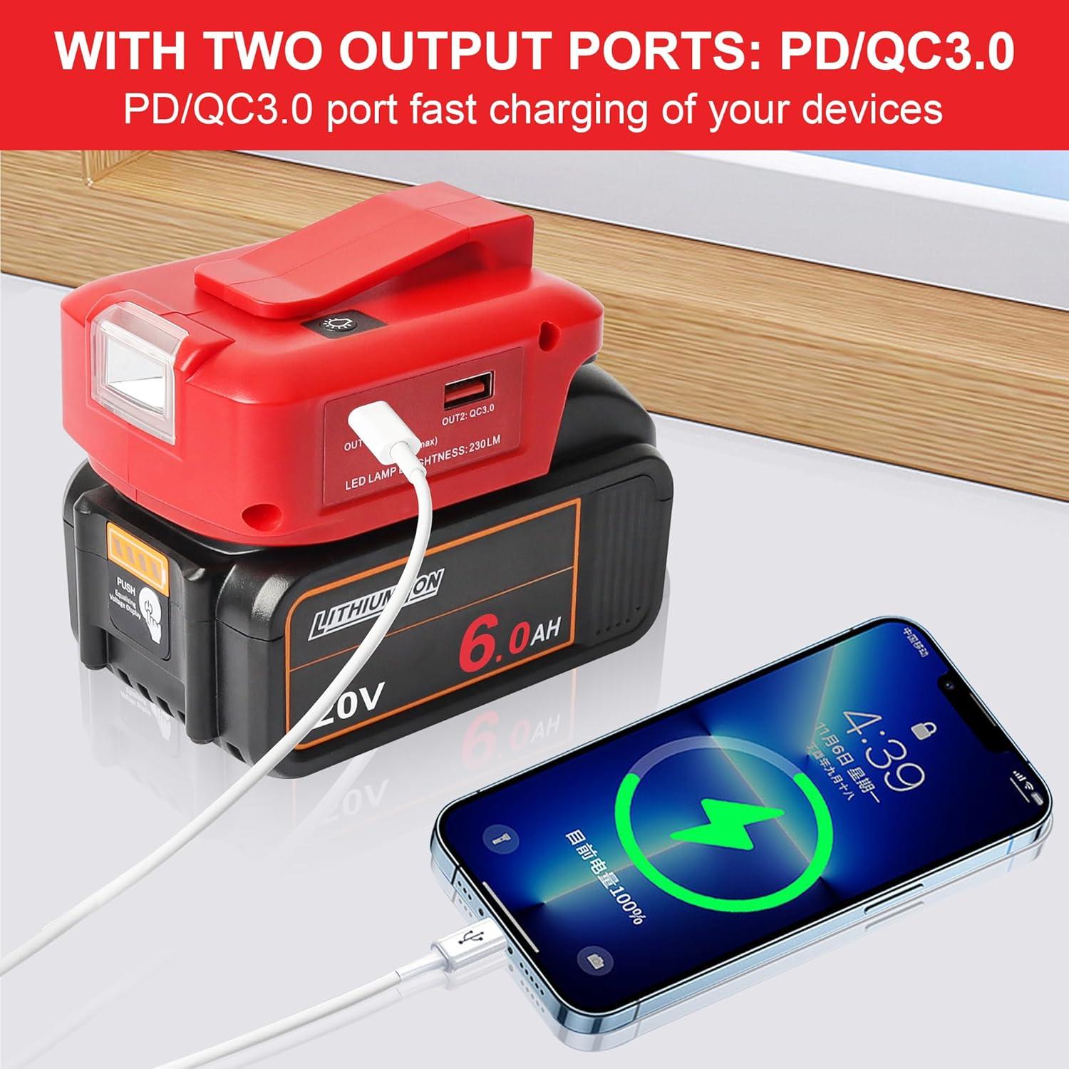 Adaptador de Poder USB para Baterías Milwaukee 18V y DEWALT 20V