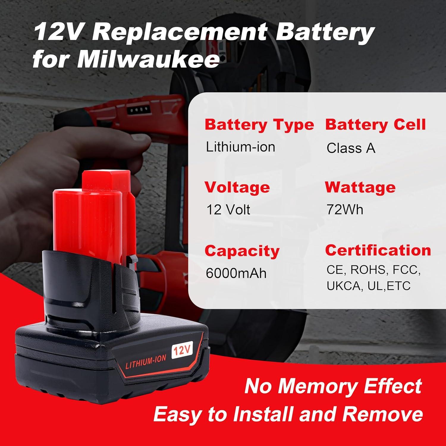 Batería de Reemplazo 12V 6Ah HUAYUE 2 Paquete Compatible Milwaukee