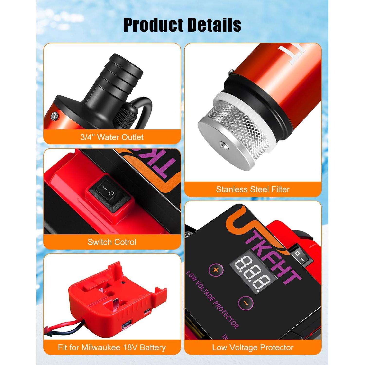 Mini Bomba de Agua UTKFHT 500GPH 18V Compatible Milwaukee