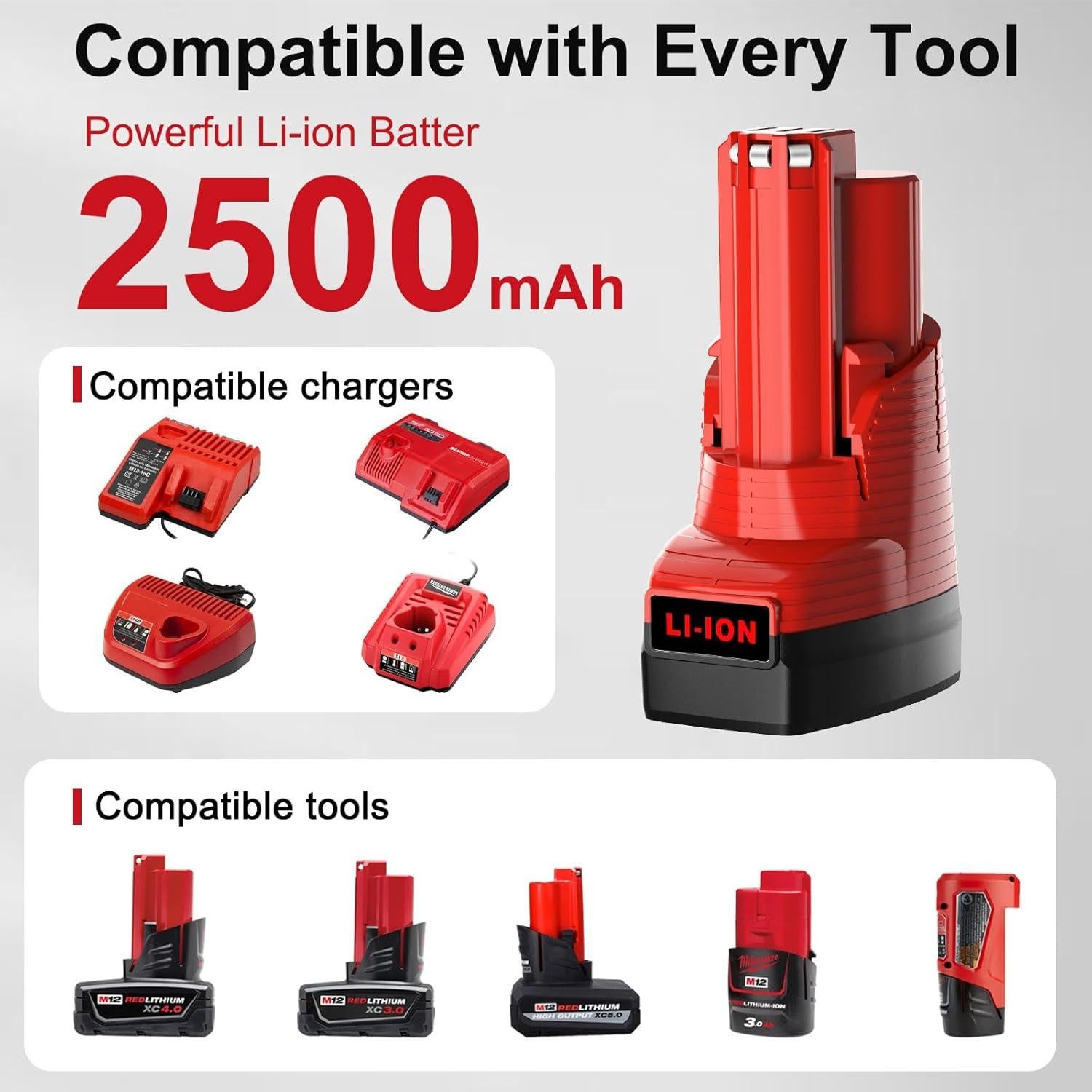 Batería de Reemplazo Mrupoo 12V 2500mAh para Herramientas Milwaukee