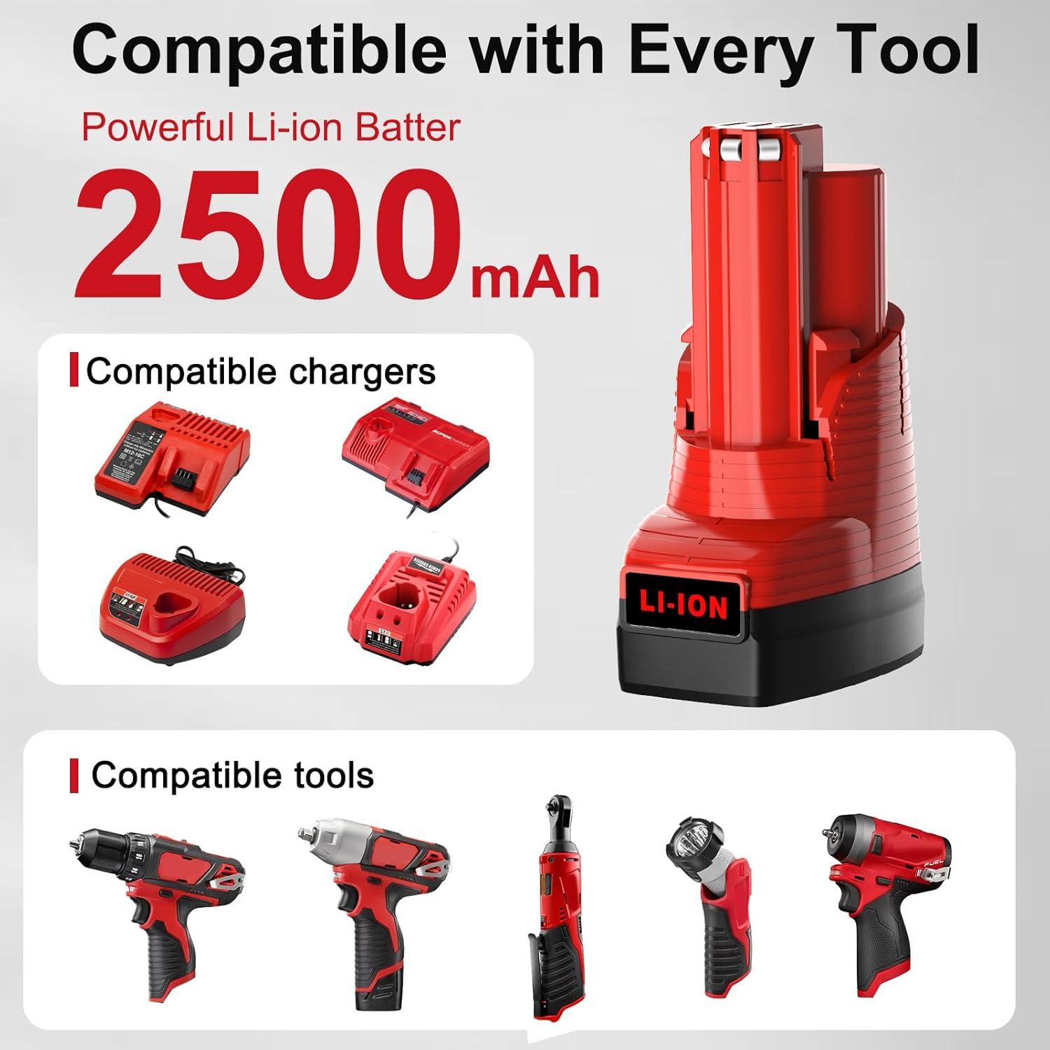 Batería de Reemplazo Mrupoo 12V 2500mAh para Herramientas Milwaukee