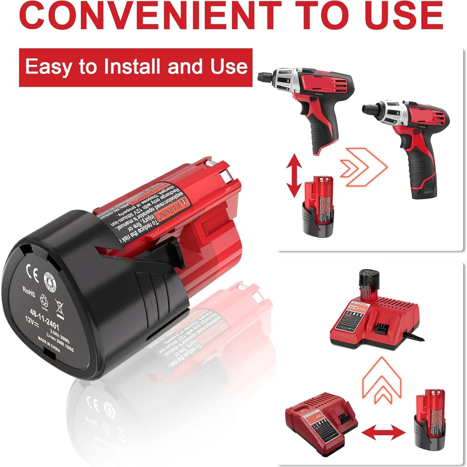 4 Baterías de Reemplazo 12V 3000mAh Ziment para Milwaukee