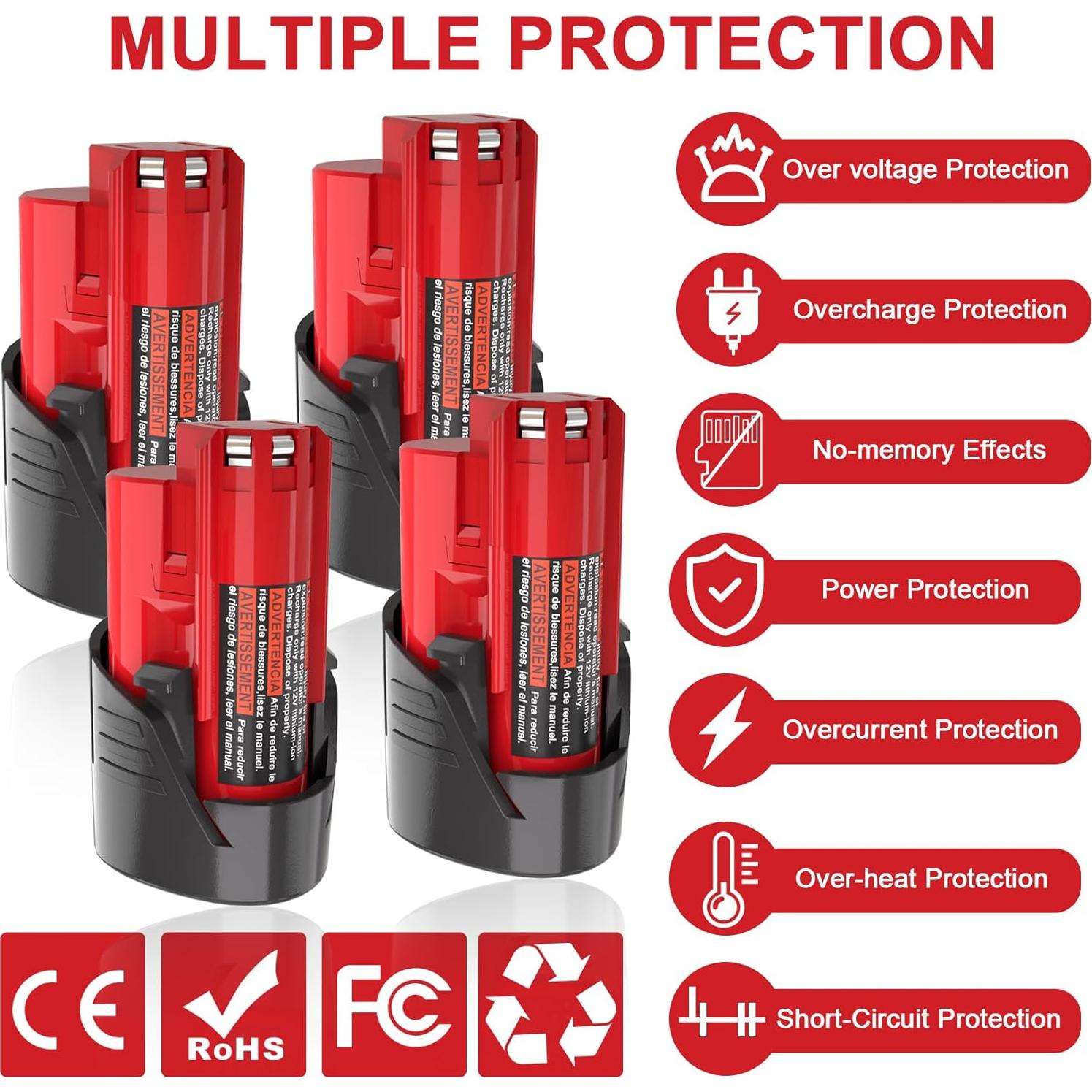 4 Baterías de Reemplazo 12V 3000mAh Ziment para Milwaukee