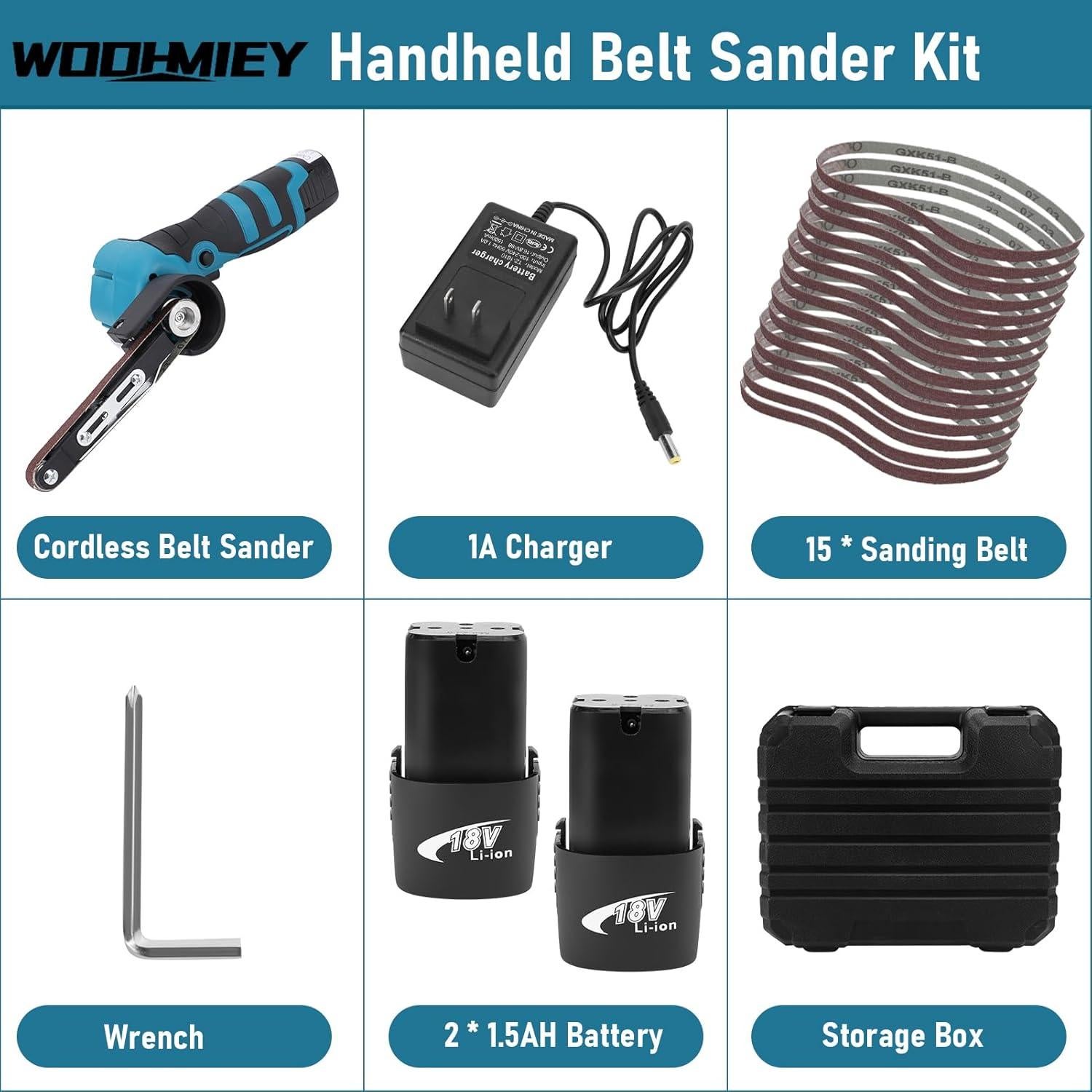 Lijadora de Banda Inalámbrica WODHMIEY 16.8V 7000RPM con 15 Correas