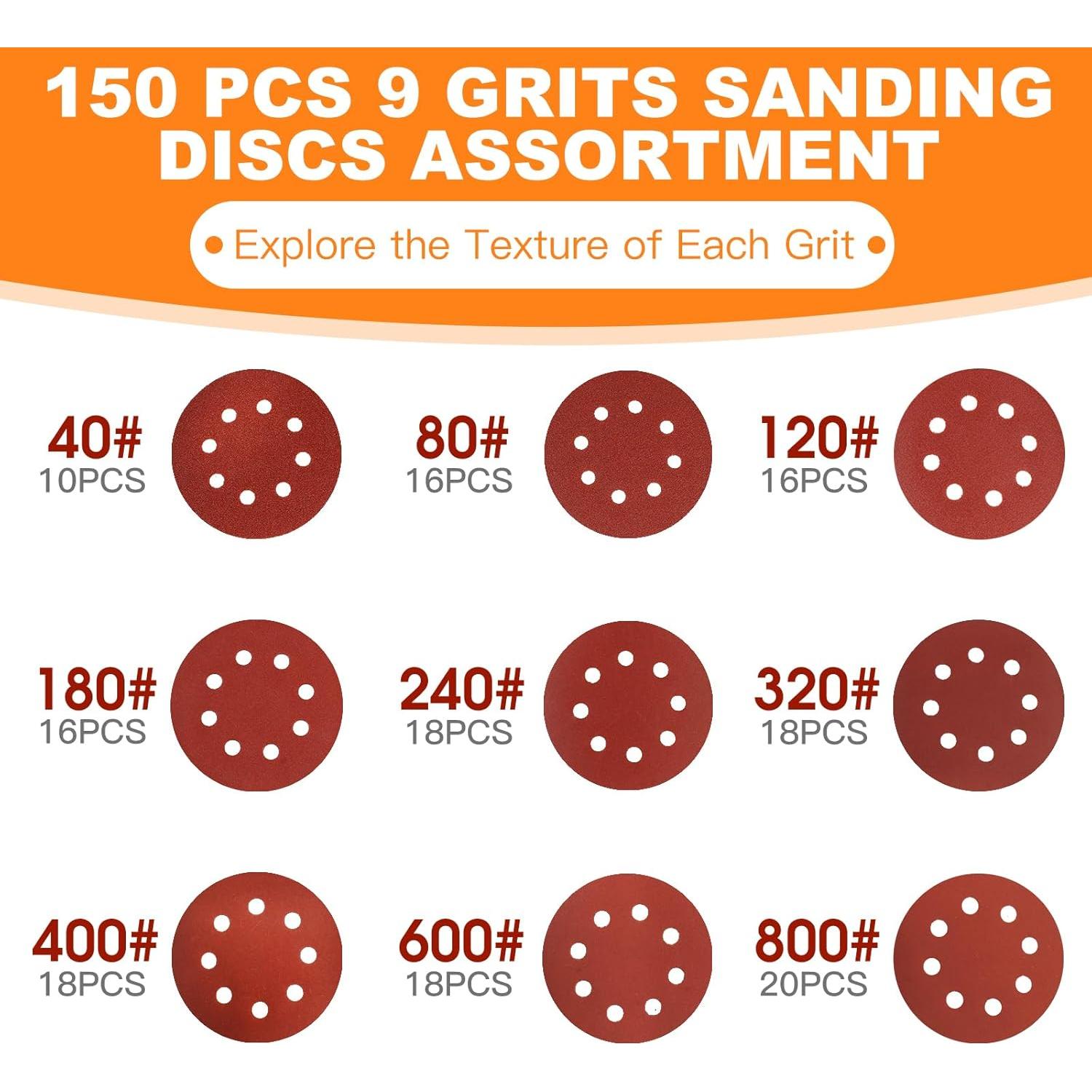 150 Discos de Lijado Giwiemi 5" con 9 Granulaciones