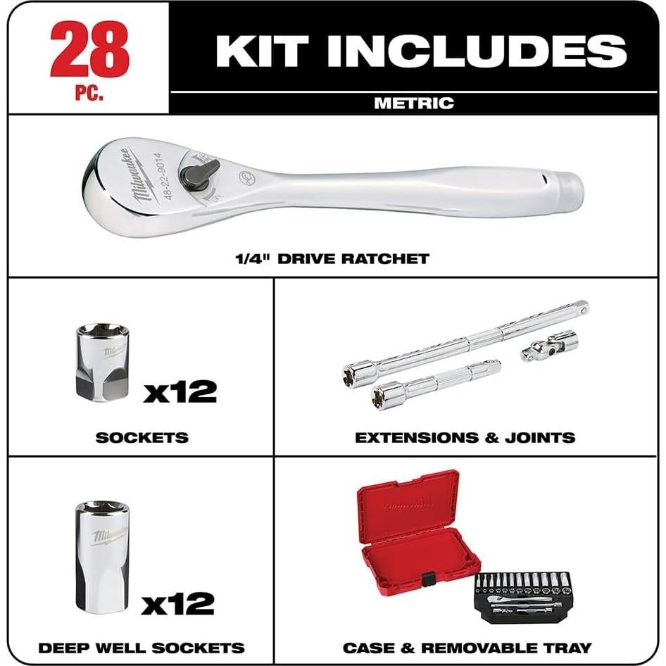 Juego de Carraca y Enchufes Milwaukee 28PC 1/4" Métrico