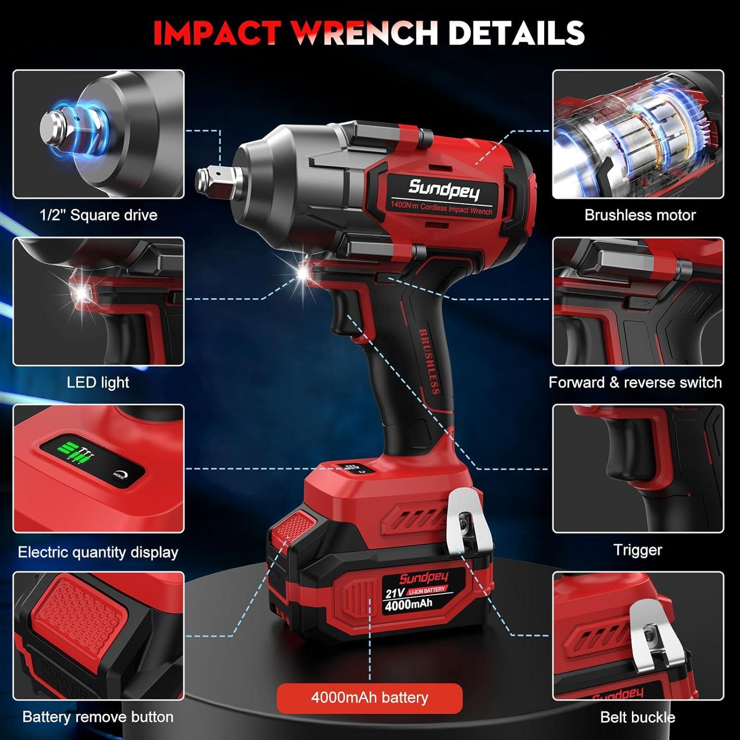 Llave de Impacto Inalámbrica Sundpey 1400Nm 21V con 2 Baterías