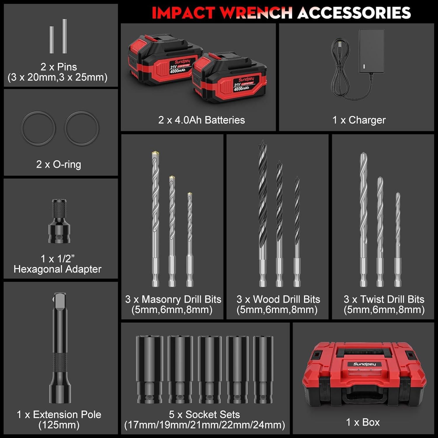Llave de Impacto Inalámbrica Sundpey 1400Nm 21V con 2 Baterías